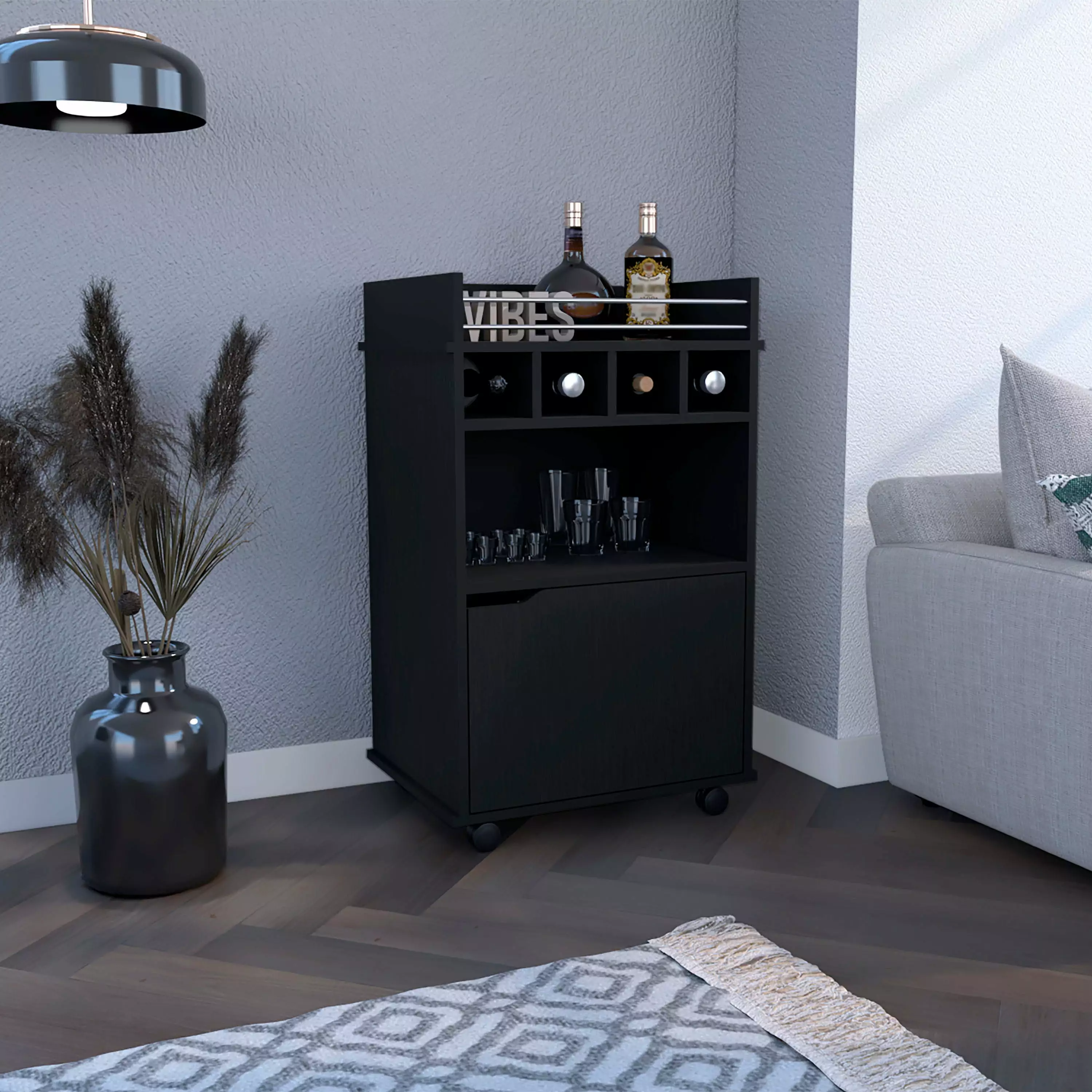 Sims Bar Cart Cabinet Black Finish Mobile Storage Solution Go Green Woods