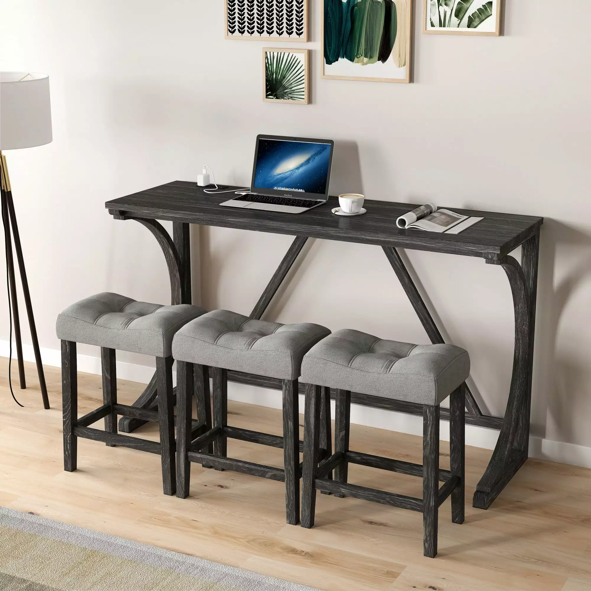 Bar Table Set Power Outlet Bar Table and Chairs Set 4 Piece Dining Table Set Industrial Breakfast Table Set Living Room Di...