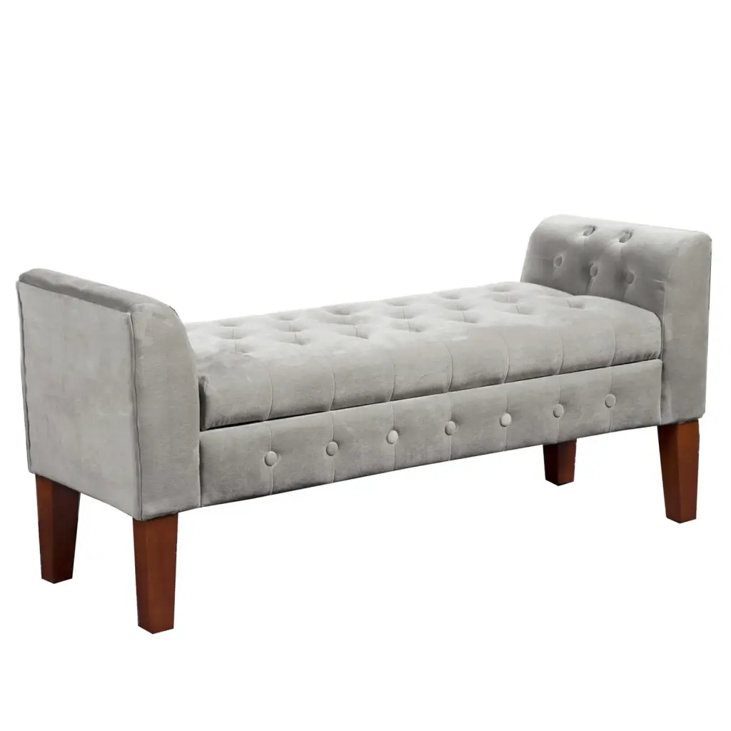 Benjara Velvet Upholstered Button Tufted Wooden Bench Settee Hinged Storage Gray Brown Benzara