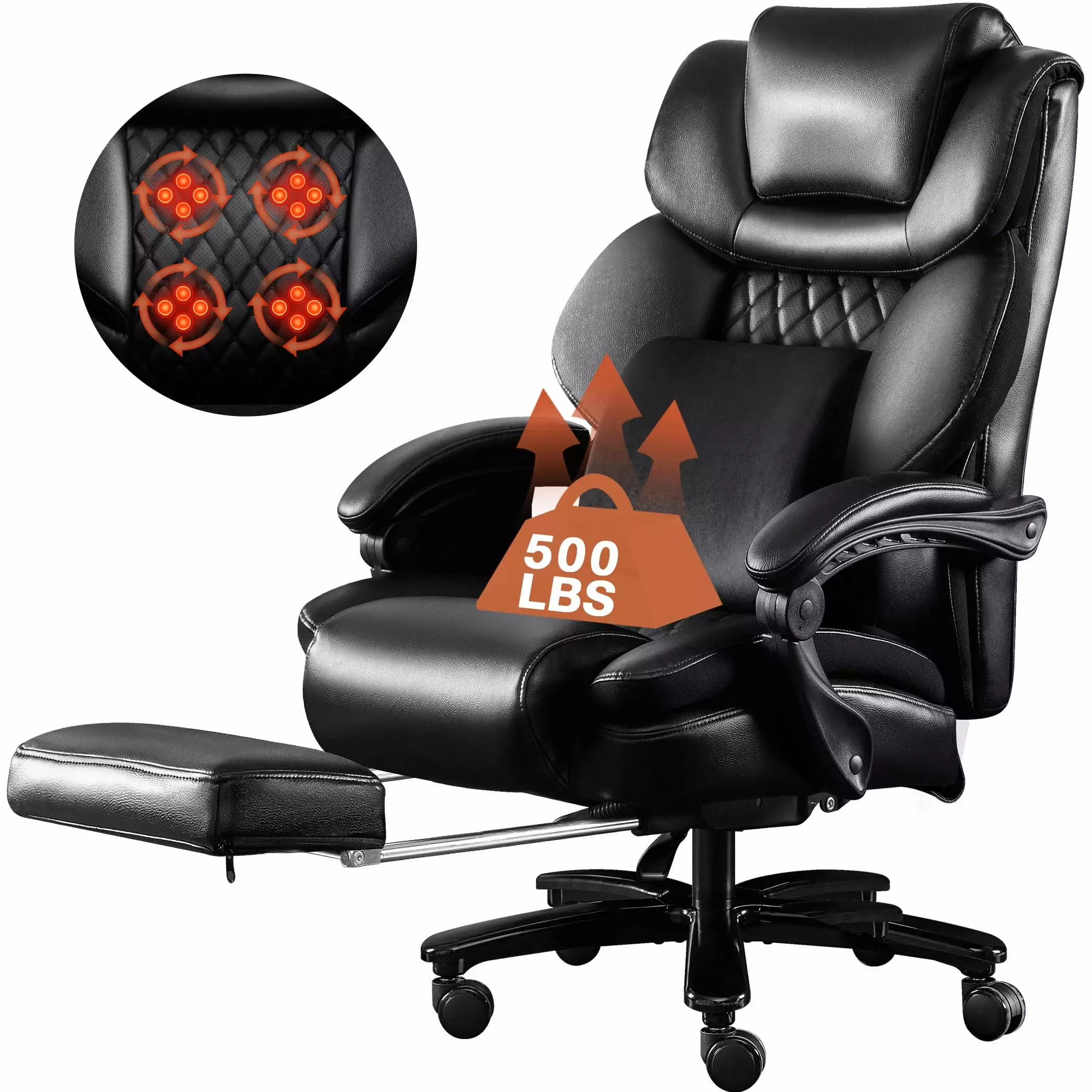 Big and Tall Office Chair 500lbs Capacity 3D Massage Lumbar Cushion and Footrest Blue Whale