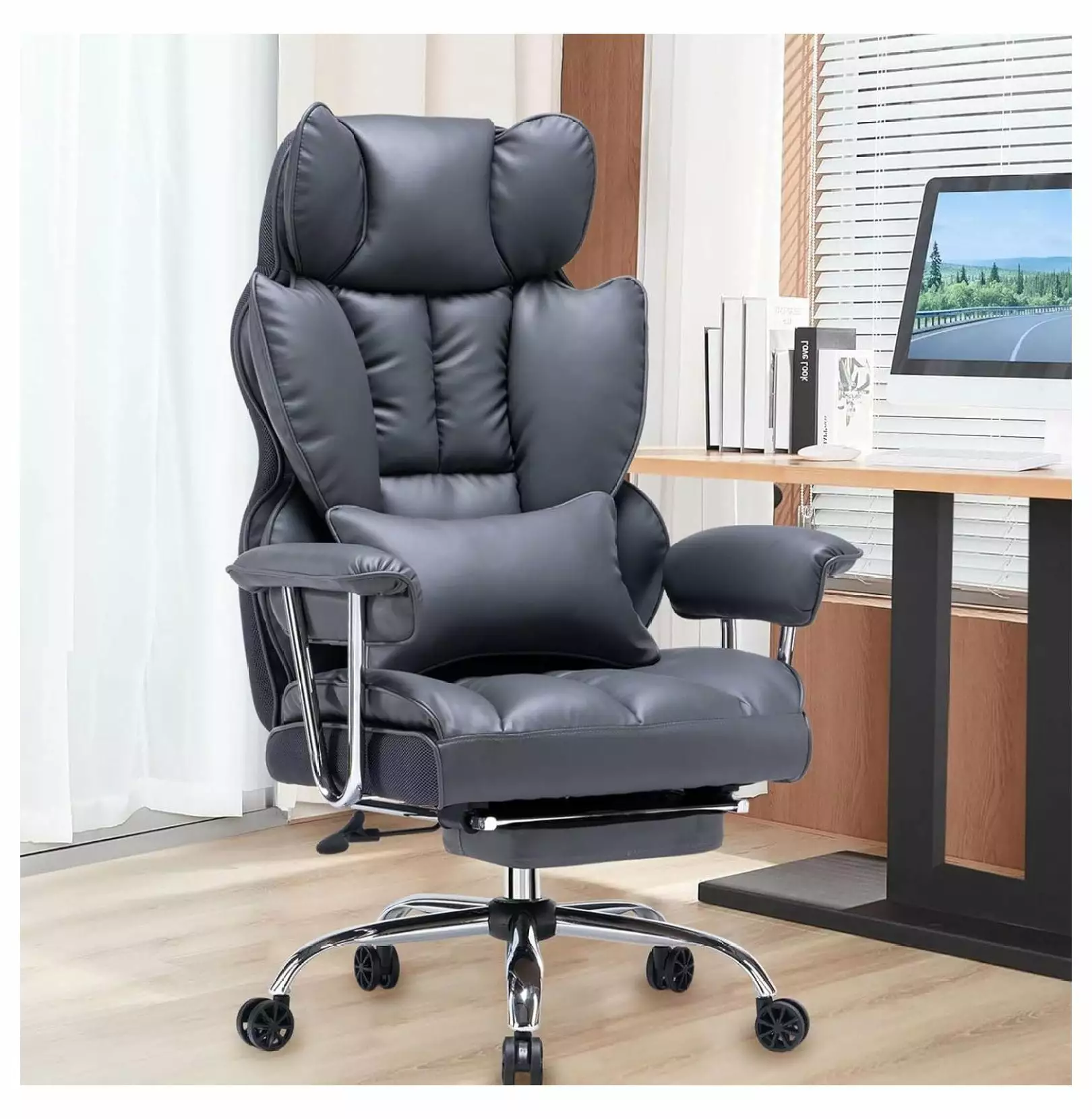 ChicCrest Big and Tall Office Chair Leg Rest and Lumbar Support Dark Grey