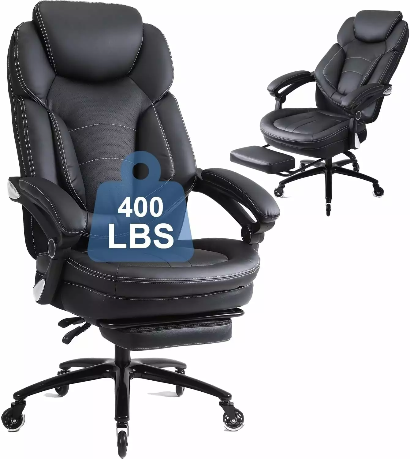 400LBS Big and Tall Reclining Office Chair Foot Rest and PU Leather Black FANWB