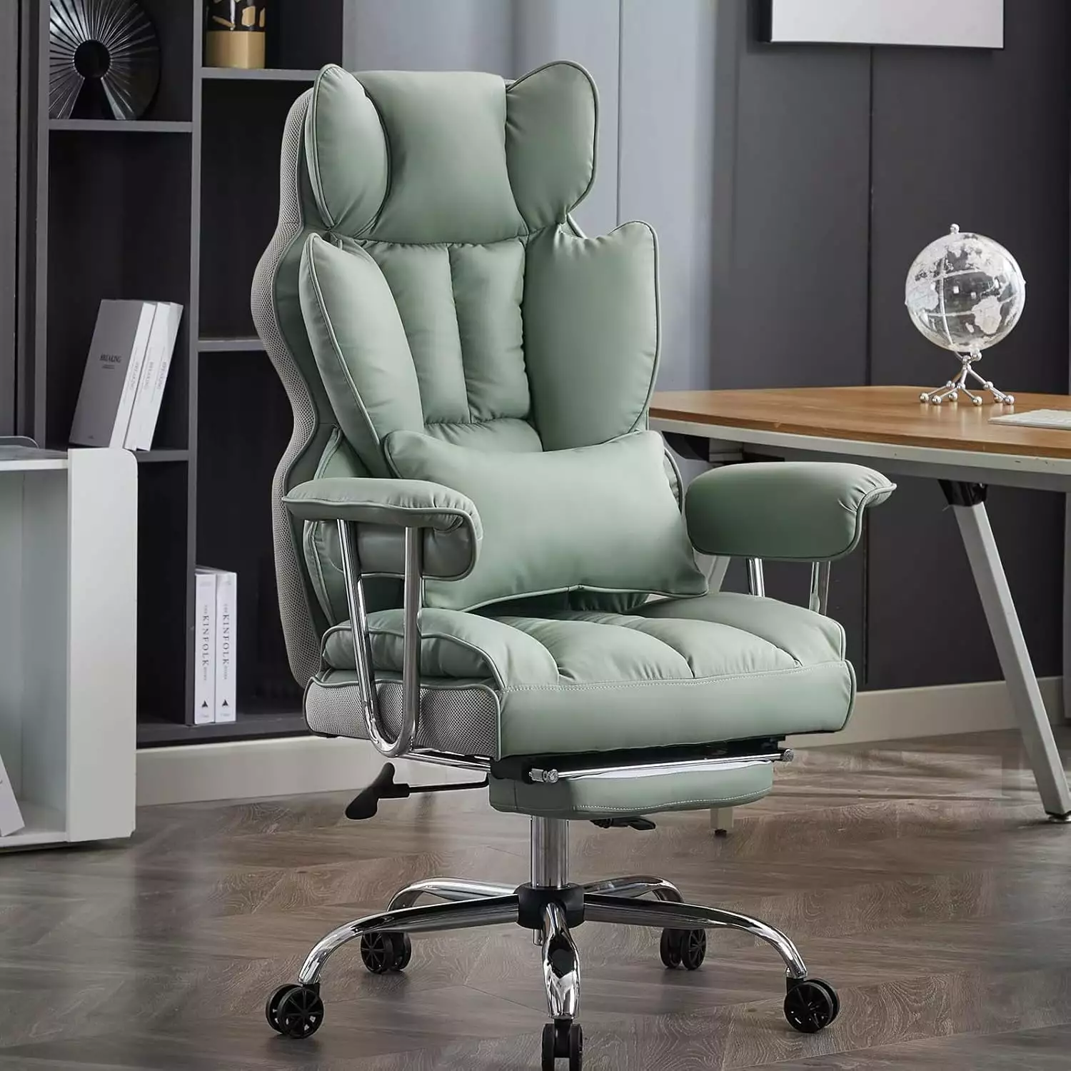 Desk Office Chair 400LBS Big and Tall PU Leather Computer Chair Leg Rest and Lumbar Support Light Green FJU