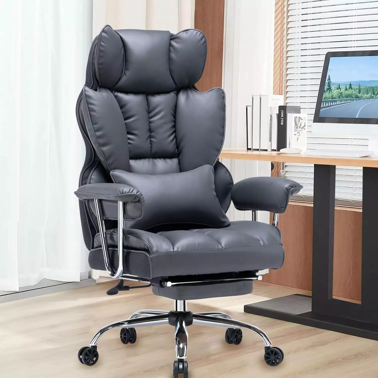 Desk Office Chair 400LBS Big and Tall PU Leather Computer Chair Leg Rest and Lumbar Support Dark Grey FJU