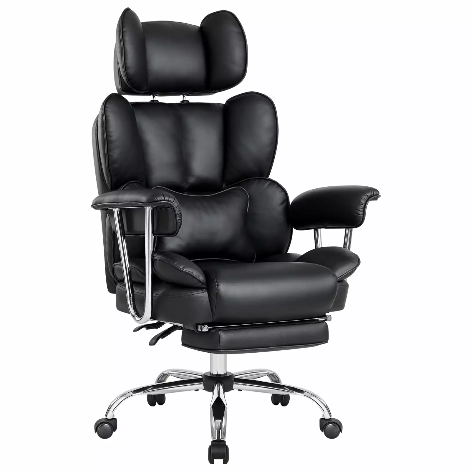 Back PU Leather Office Chair Big and Tall Executive Desk Chair Footrest Lumbar Cushion Lifting Headrest Black IWMH
