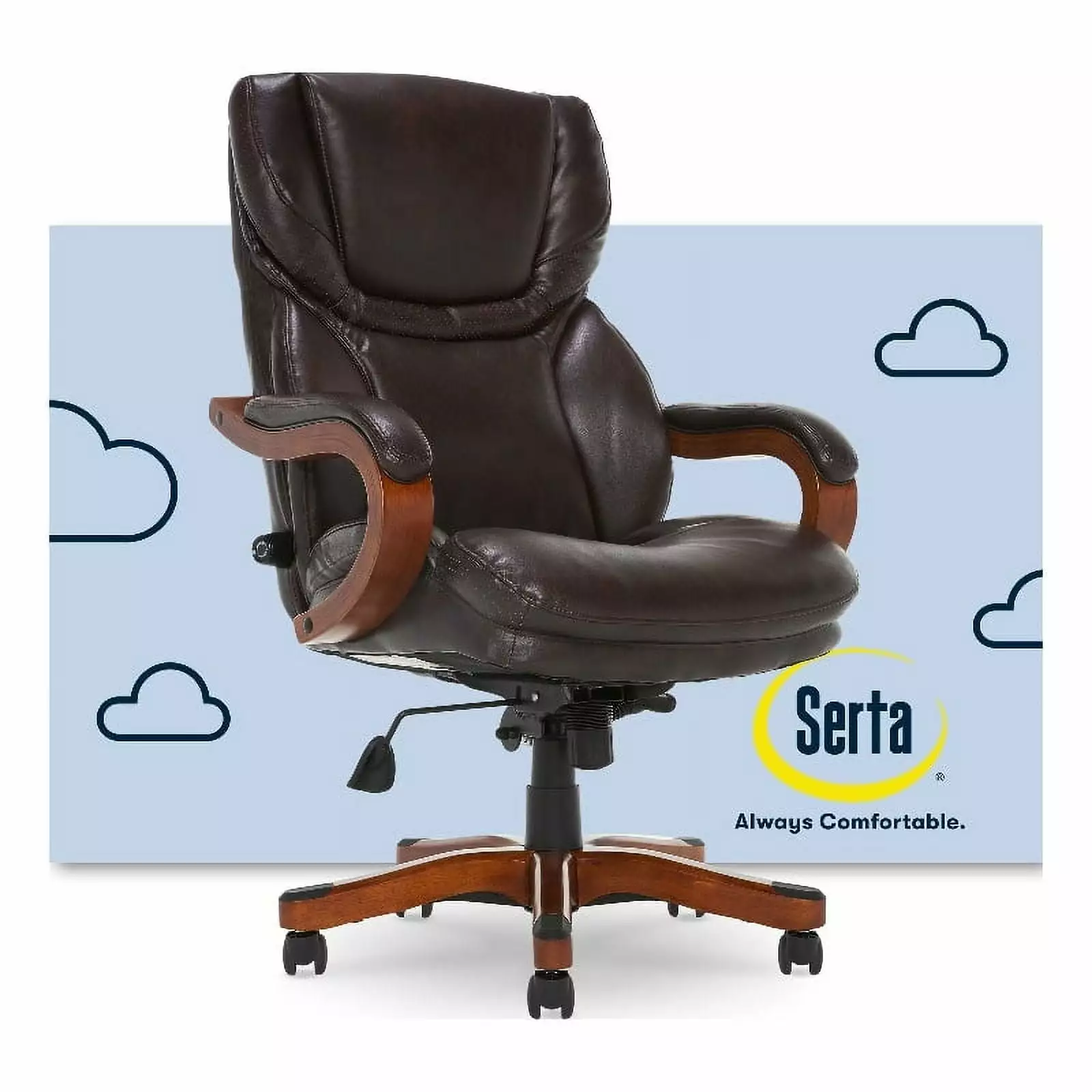 Pemberly Row Big and Tall Executive Office Chair Wood Accents Brown