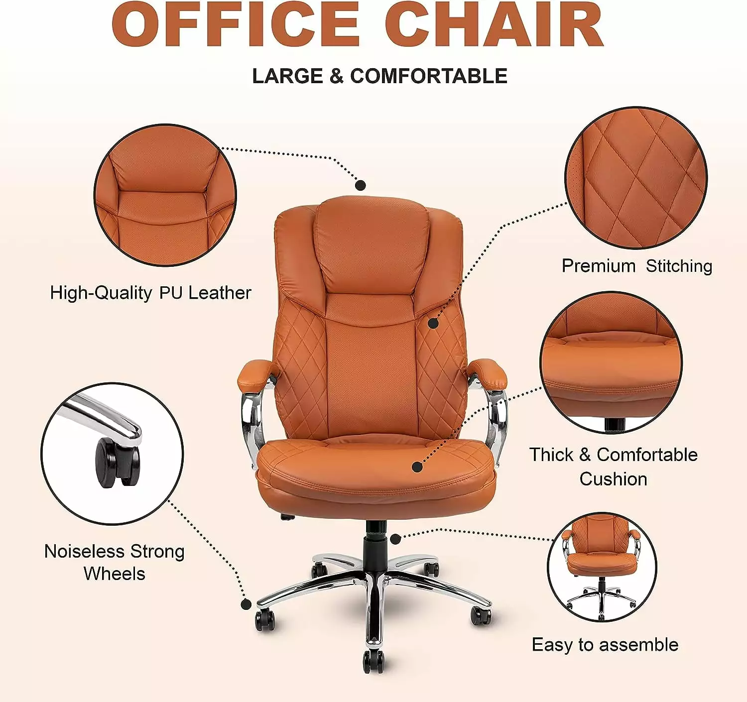 US Office Elements Managerial Big and Tall Executive Office Chair 400lbs Capacity PU Leather Padded Wide High Back Ergonom...