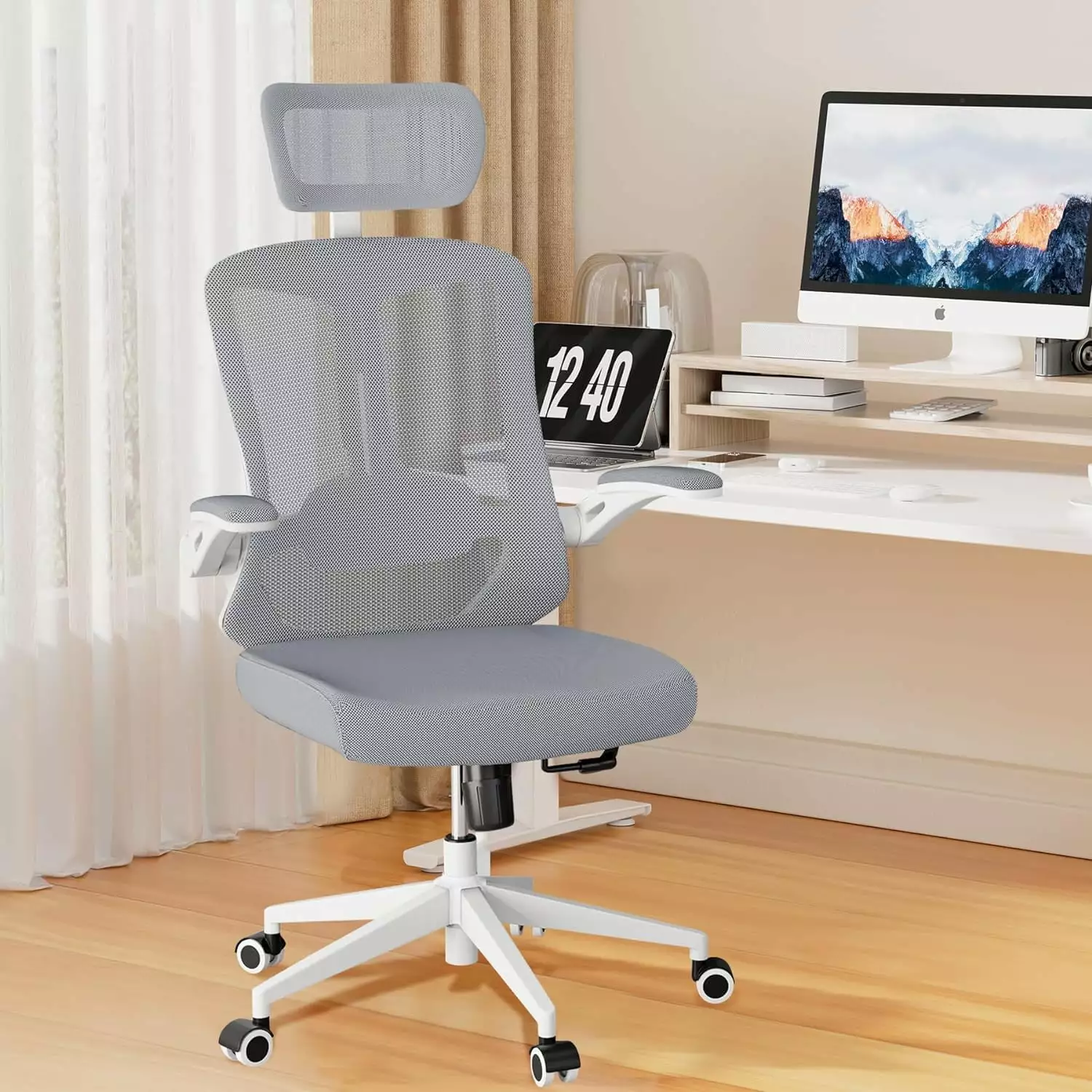 Big and Tall Office Chair Flip-Up Arms, Headrest, and 450LBS Capacity - Mesh Grey FANWB