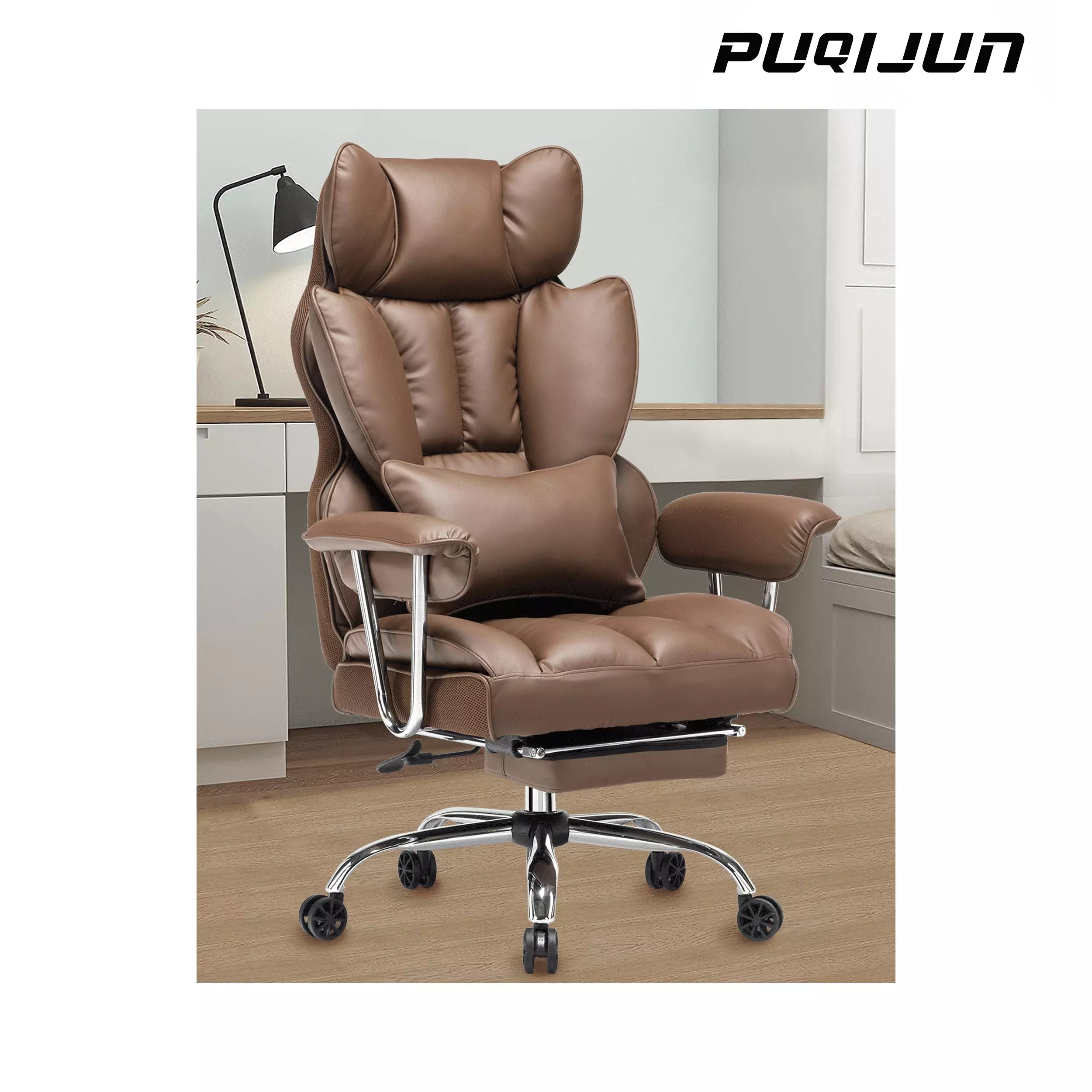 Desk Office Chair 400LBS Big and Tall PU Leather Executive Chair Leg Rest and Lumbar Support FHWMLCX2028