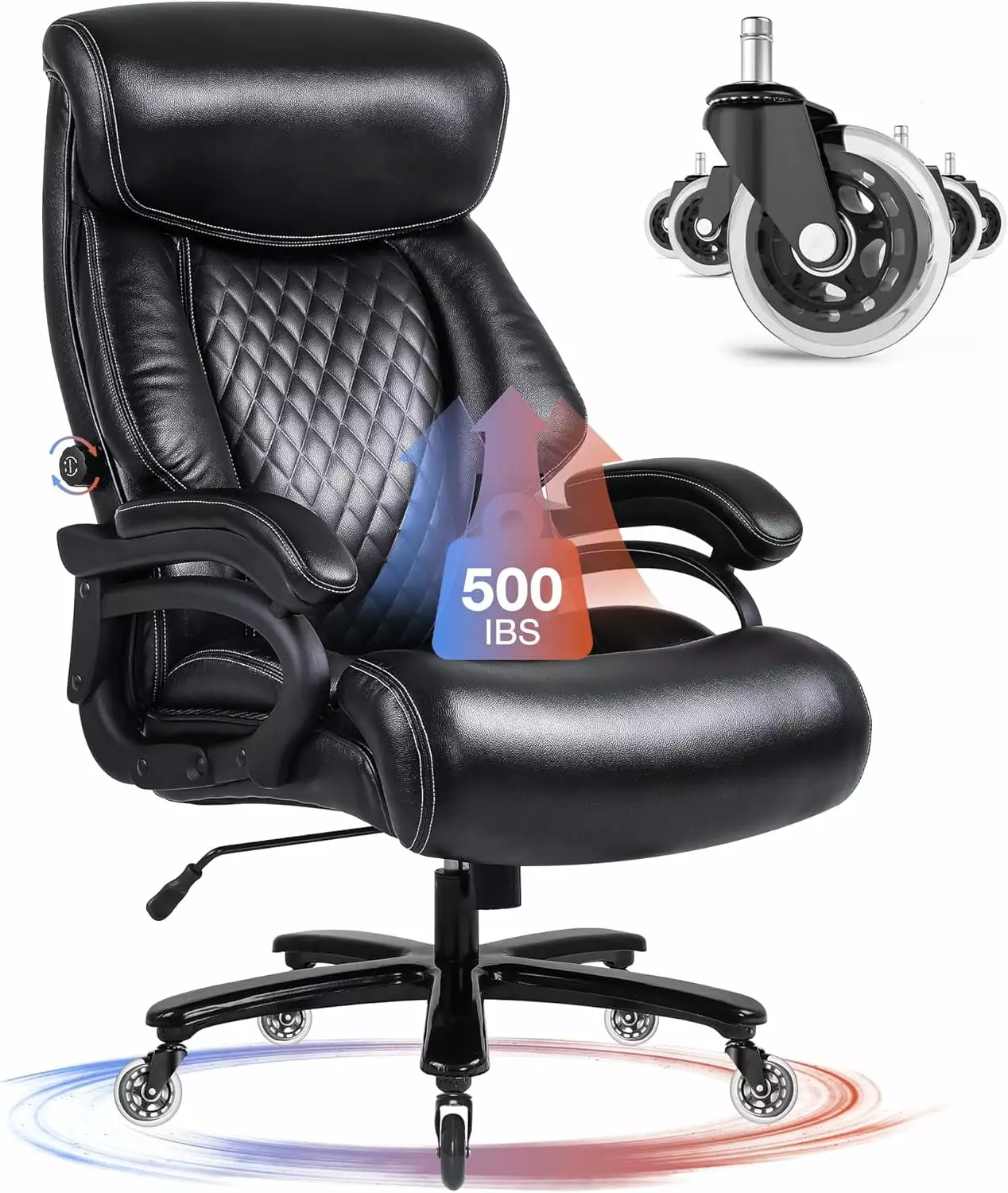 Big and Tall Office Chair 500lbs Heavy People - High Back Leather Executive Chair Double Lumbar Support FJU