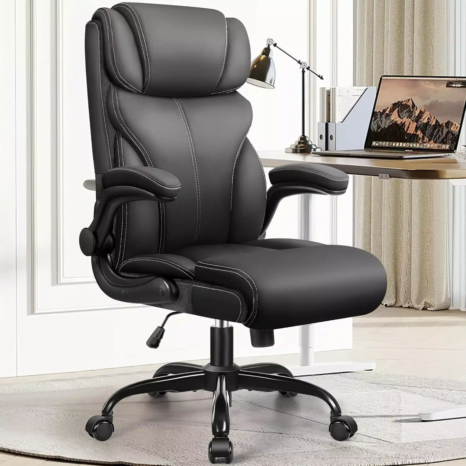 Office Chair Ergonomic Big and Tall Computer Desk Chair Executive Breathable Leather Flip-Up Armrests KEMANHUAN