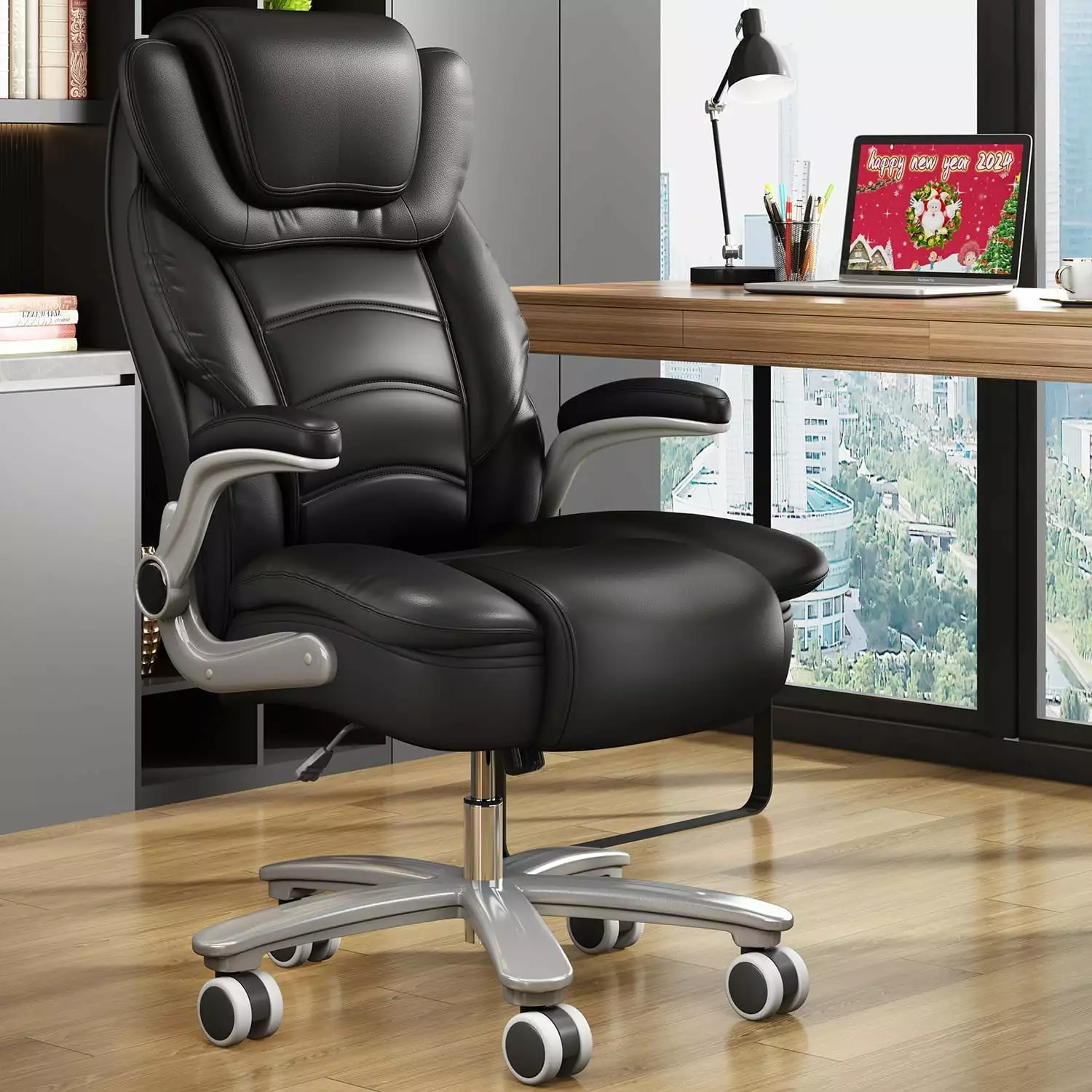 Big and Tall Executive Office Chair 400lbs Wide Seat High Back Leather Lumbar Support Flip-up Arms MENGGE