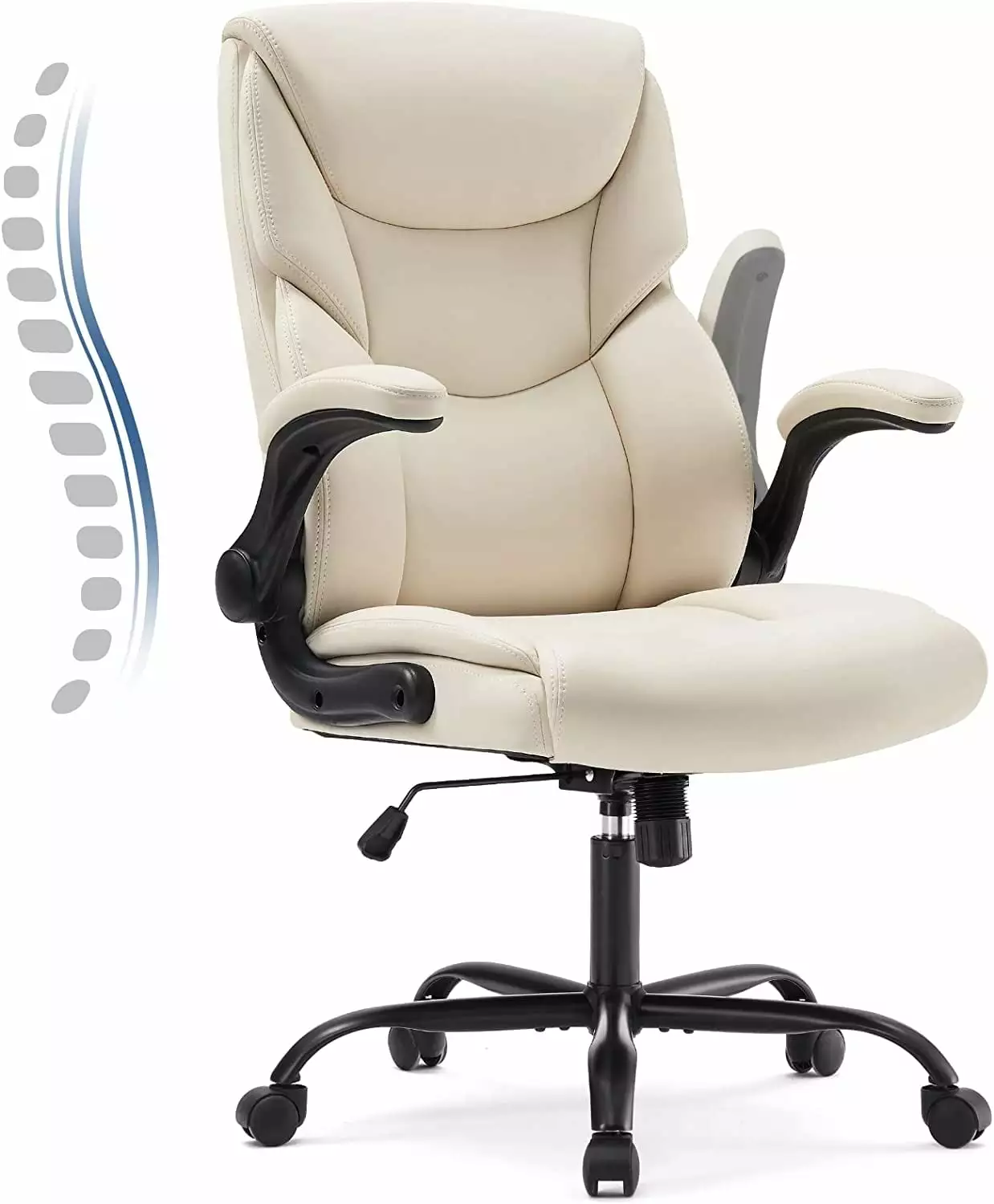 Leather Office Chair Flip Up Arms Executive High Back Big and Tall Desk Chair Ergonomic Lumbar Support Adjustable Cream QRZJ