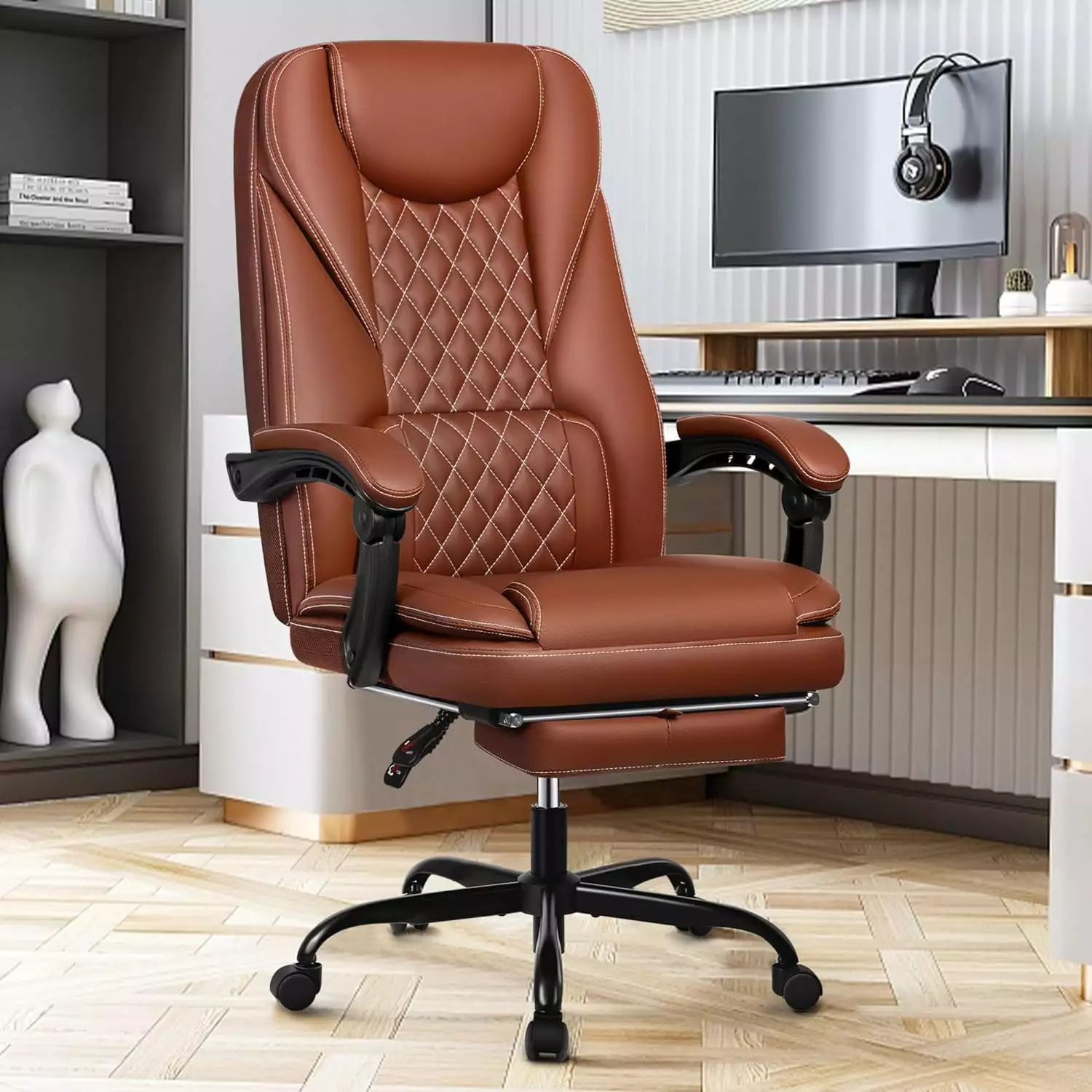 Leather Reclining Big and Tall Executive Office Chair Foot Rest High Back Lumbar Support Ergonomic Computer Chair Brown WRP