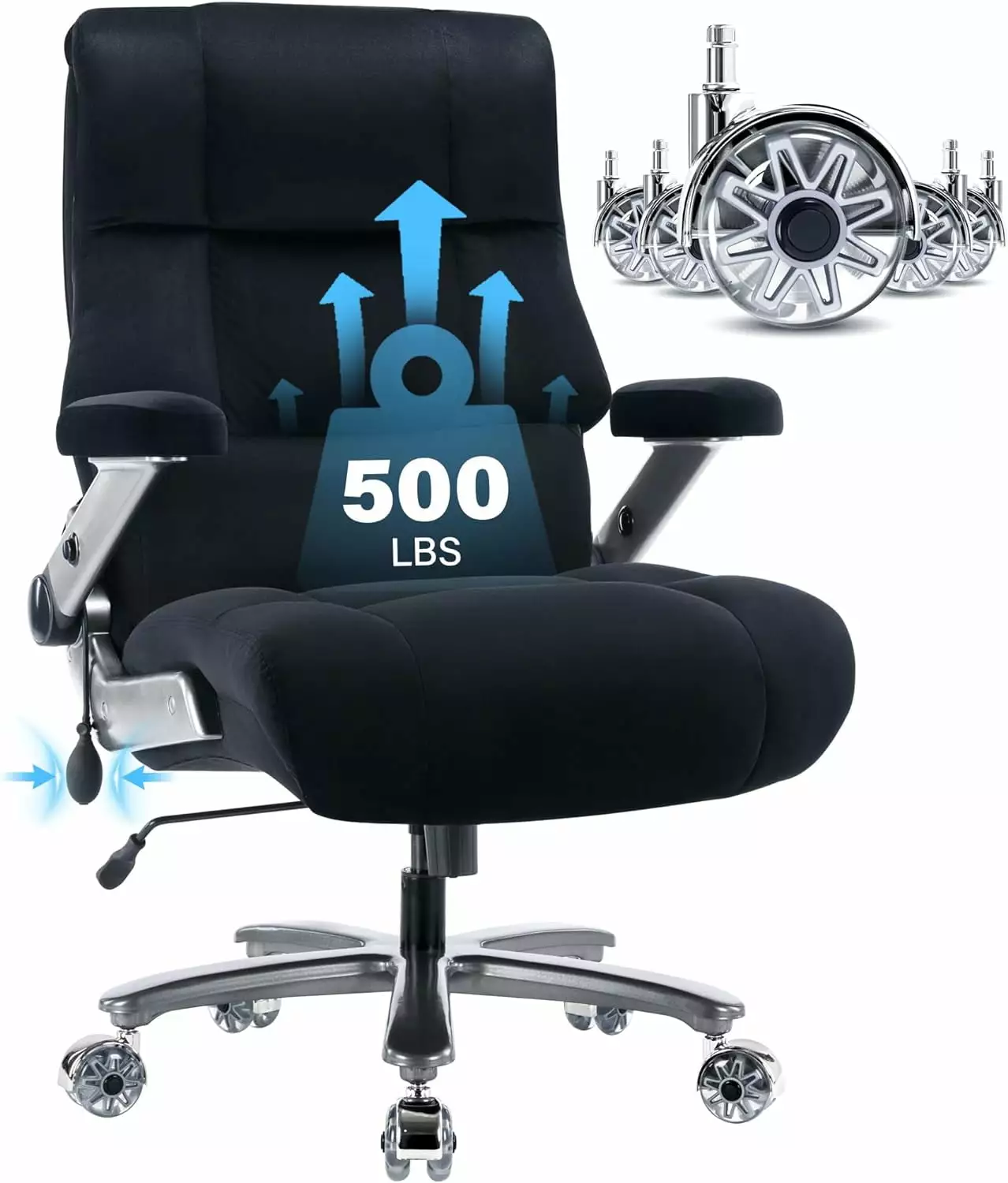 Big and Tall Office Chair 500lbs Executive Desk Chair Adjustable Lumbar Support 3D Flip UP Arms Heavy Duty Quiet Wheels FJU