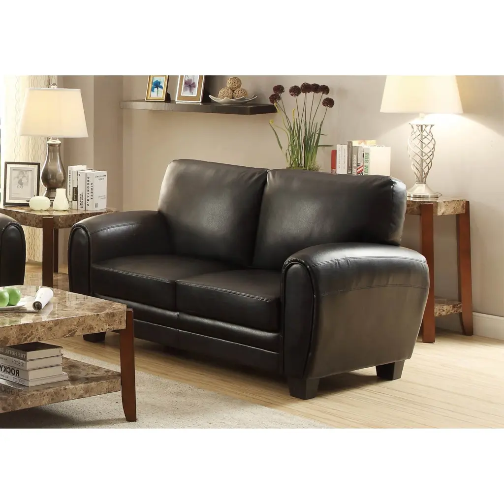 Cushioned Loveseat Upholstered Black Bonded Leather Benzara