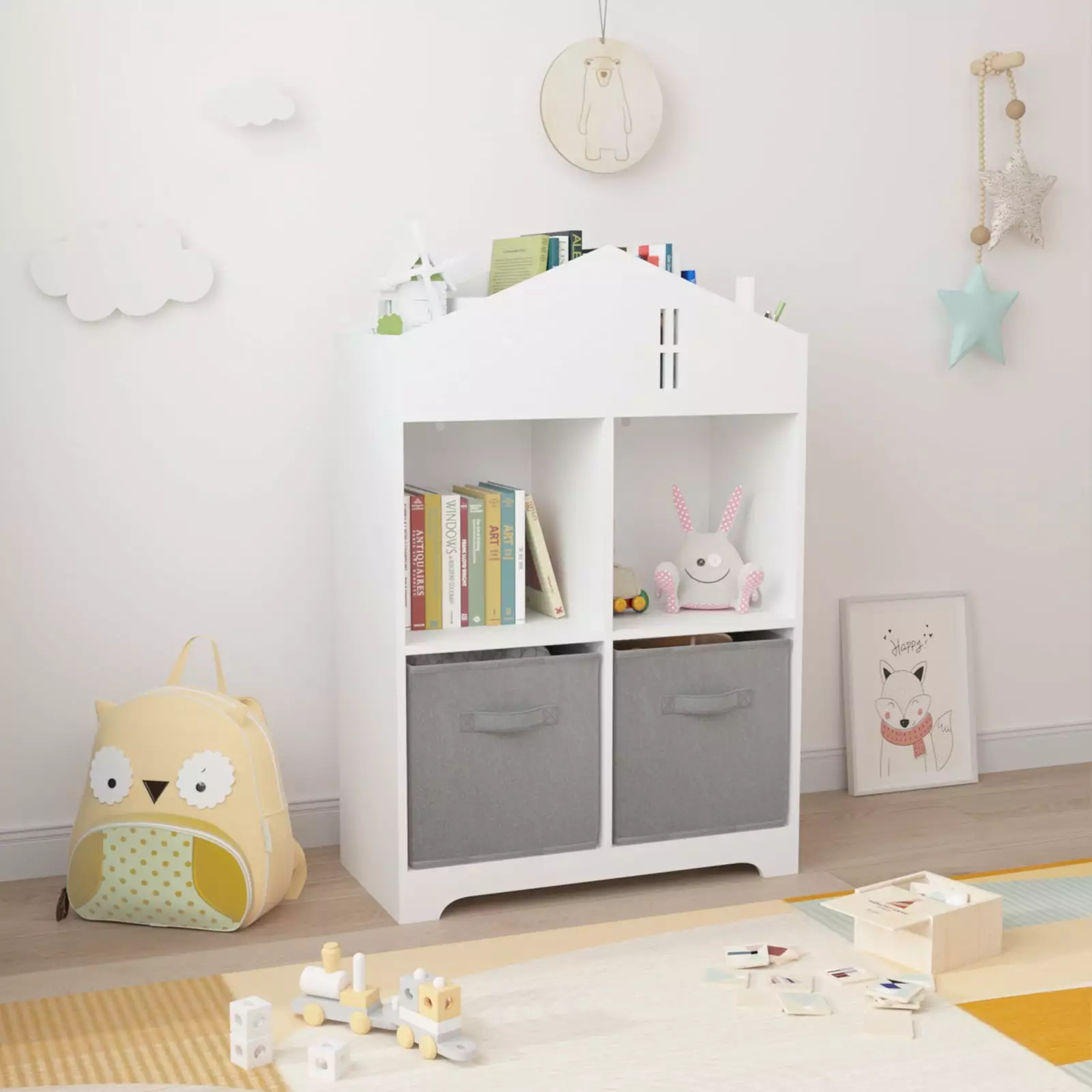 Kids Dollhouse Bookcase White 2 Tier Storage Collapsible Fabric Drawers axezoom