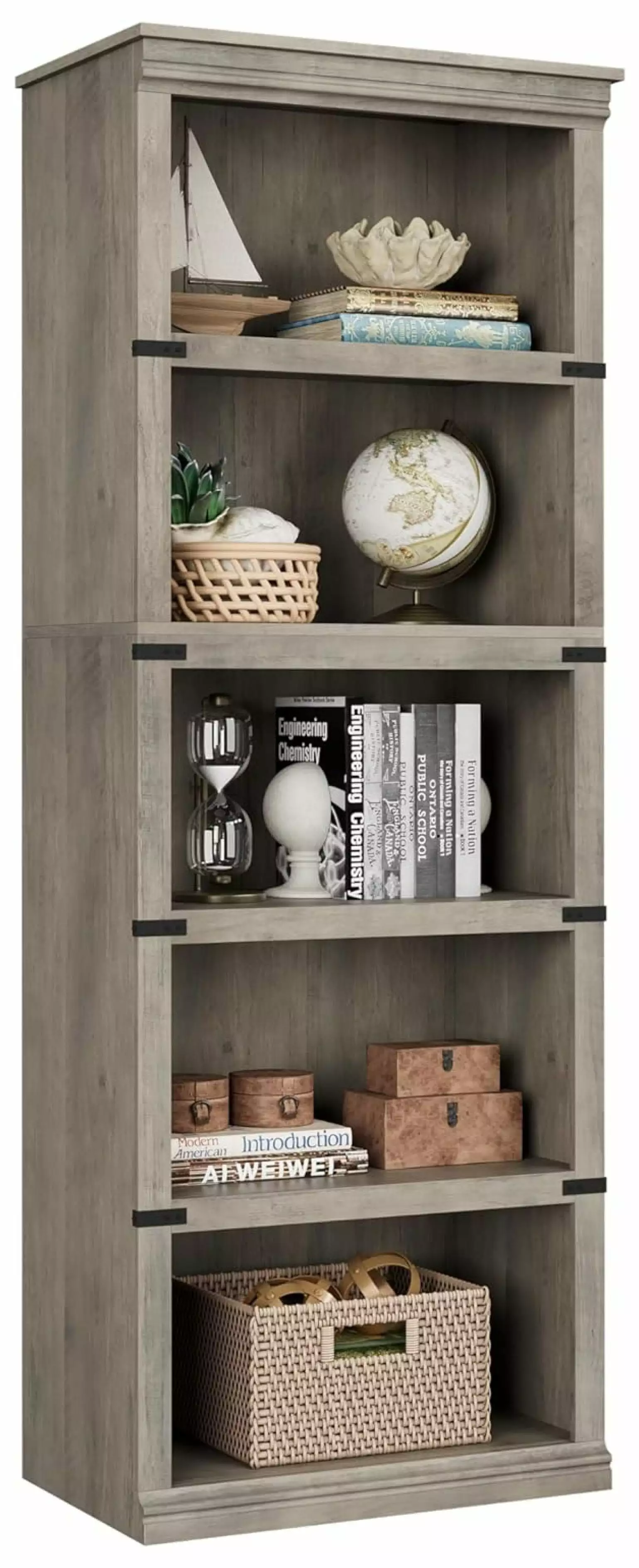 71 Inch Farmhouse 5-Tier Bookcase Grey Wooden Open Shelf Storage Generic