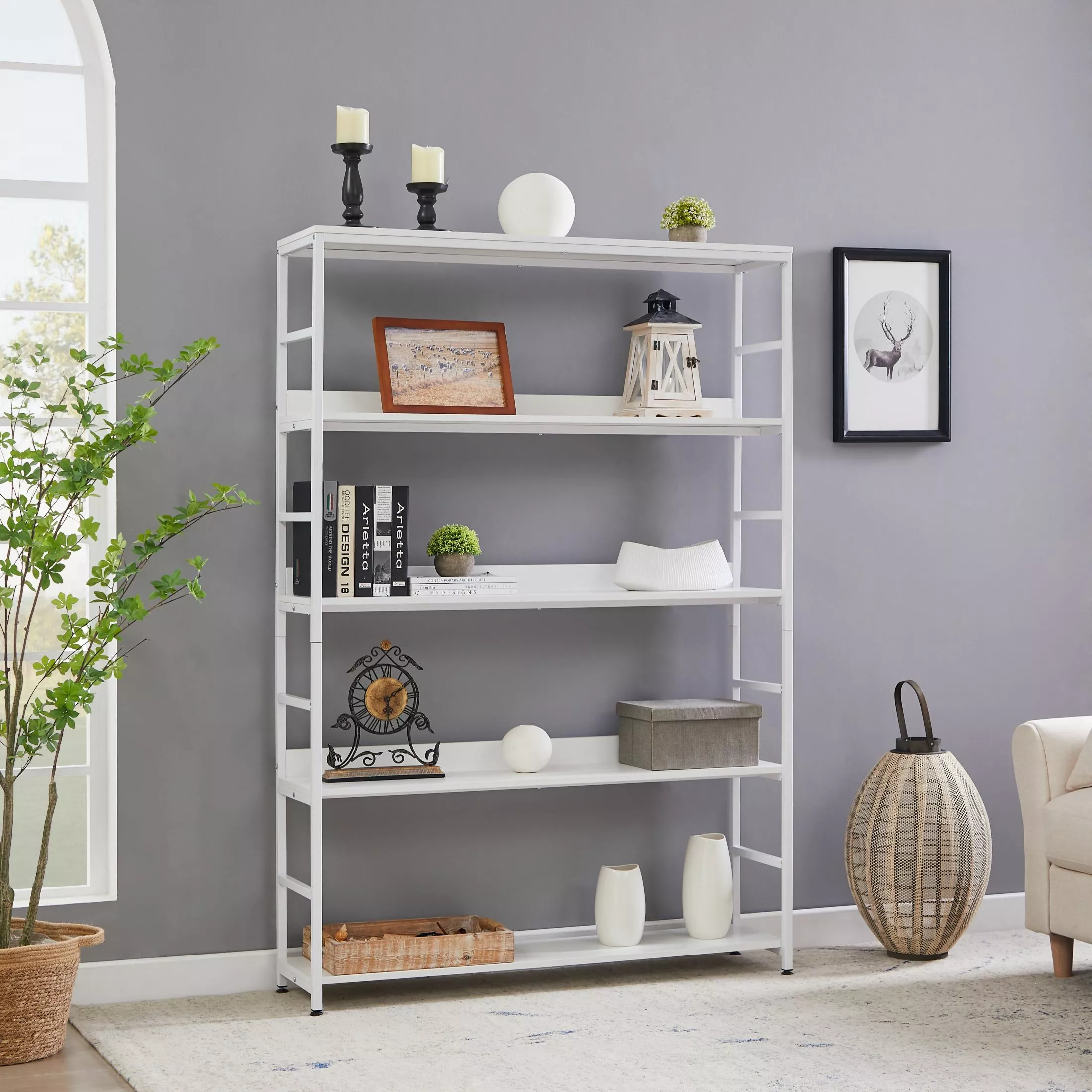 5-Tier Large Open Bookshelf Metal Frame White Home Office Storage SMHZ