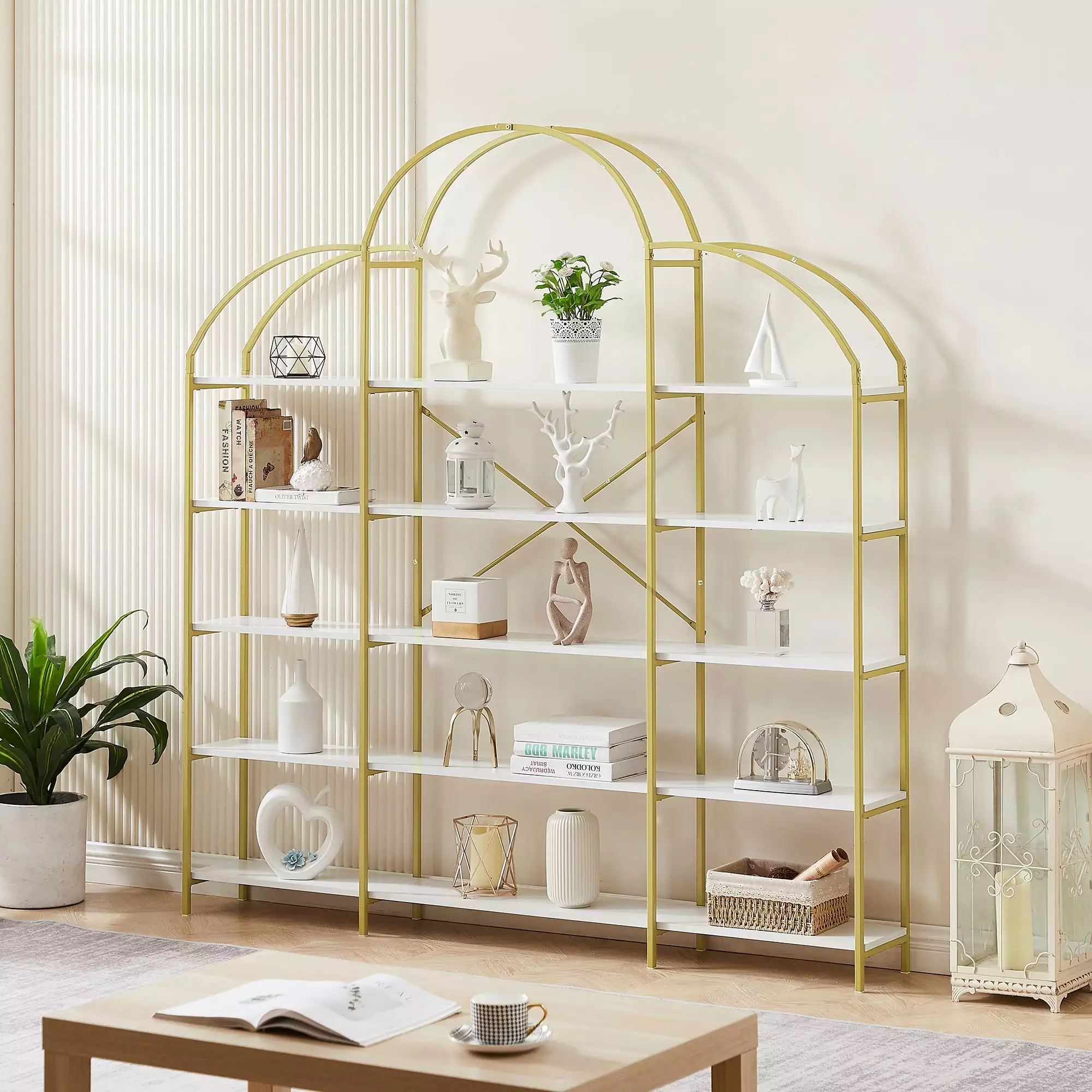 74.8 Inch 5-Tier Office Bookcase Gold X Bar Frame Round Top Display Shelf SMHZ