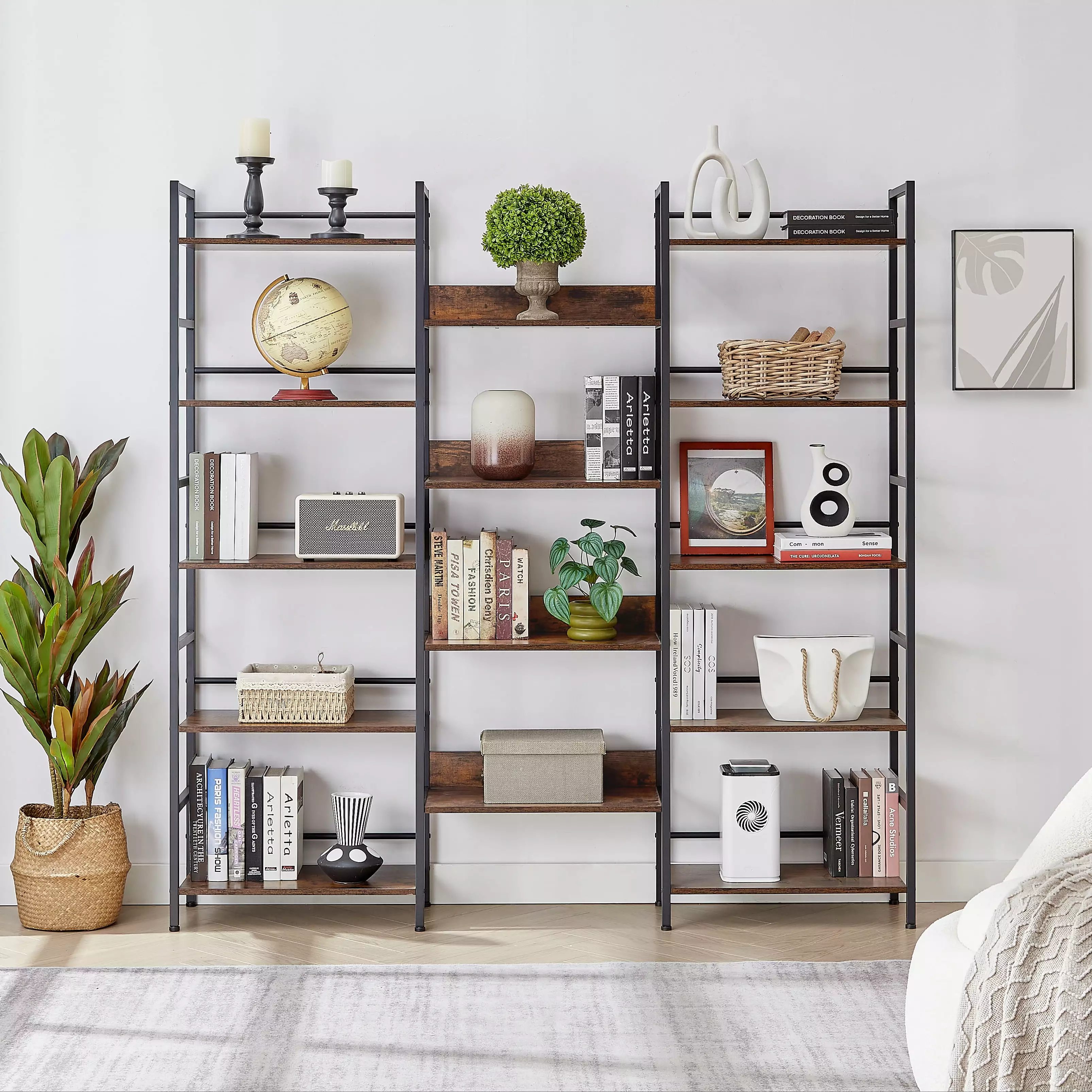 Triple Wide 5-Shelf Industrial Retro Bookshelf Rustic Brown Wooden Style SMHZ