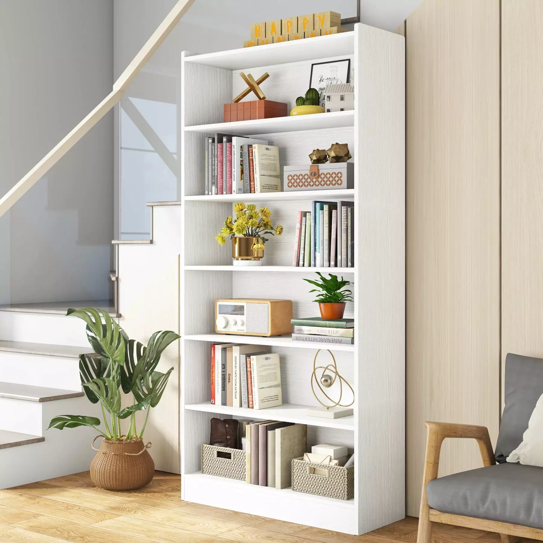 Tribesigns 72-Inch Tall 6-Tier White Bookshelf Bedroom Living Room Large Open Wood Bookcase