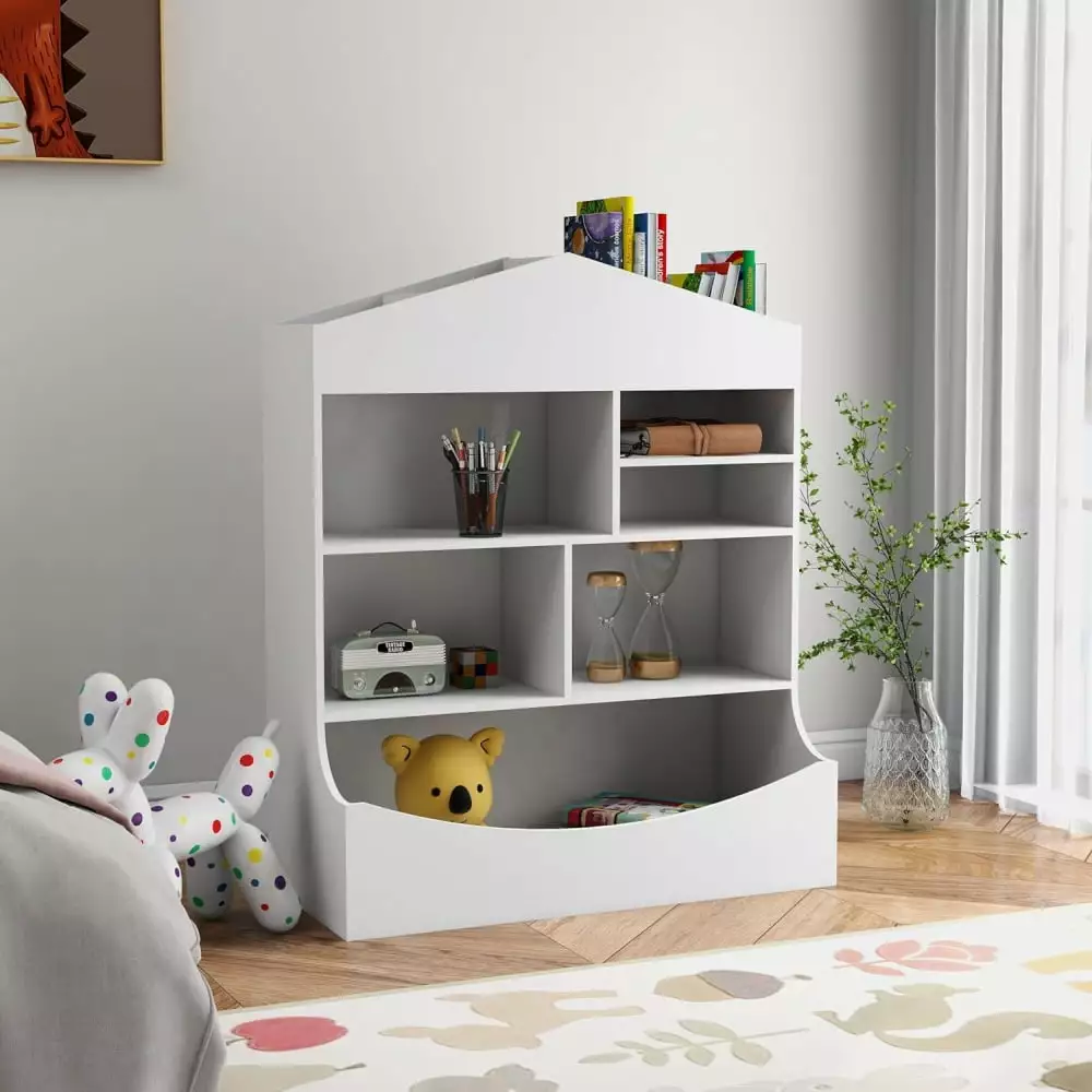 MIDODO Kids Bookshelf Storage Wooden Toy Organizer 4-Tier Display Stand Toys Books
