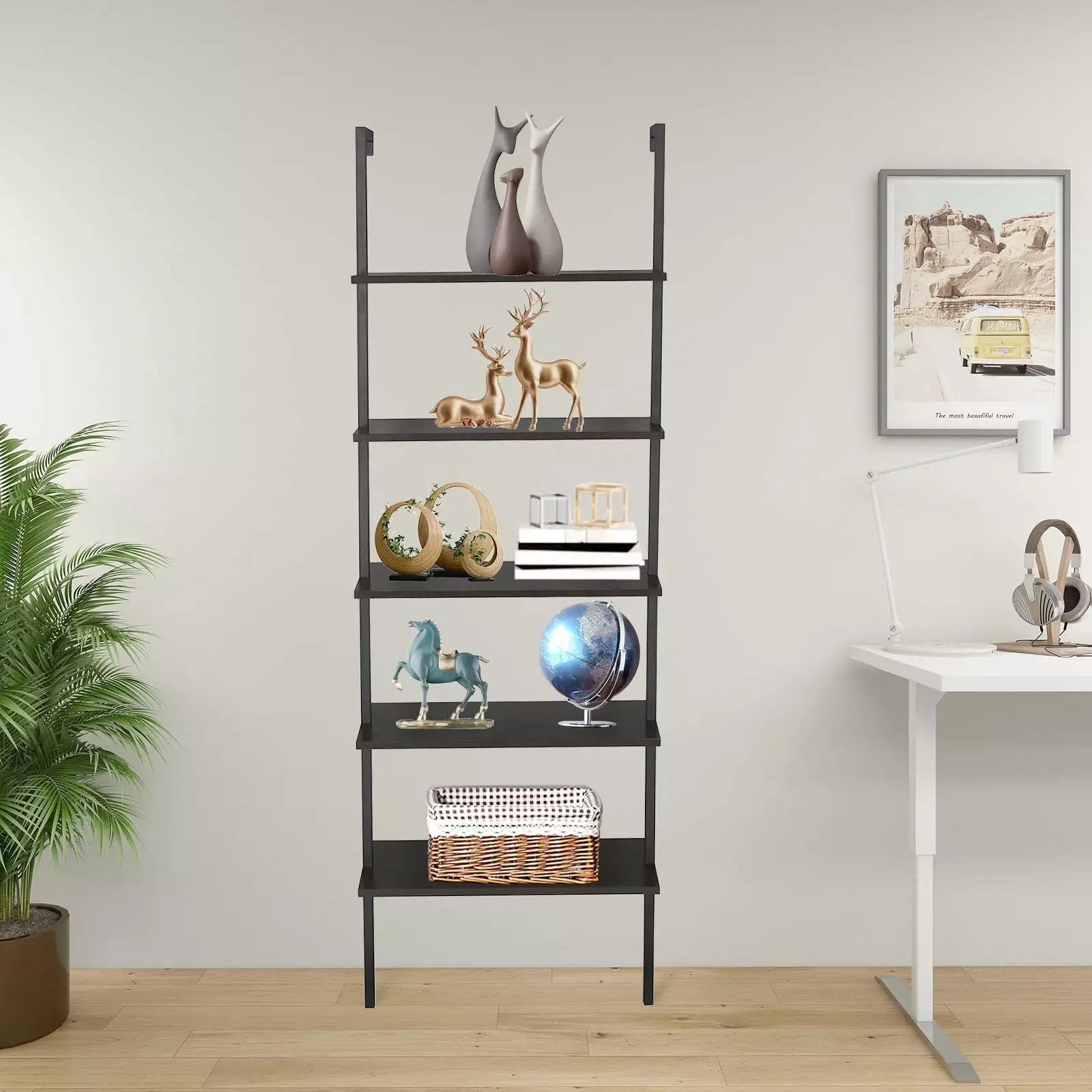 5-Shelf Wood Ladder Bookcase Metal Frame Industrial 5-Tier Modern Ladder Shelf NOBRAND