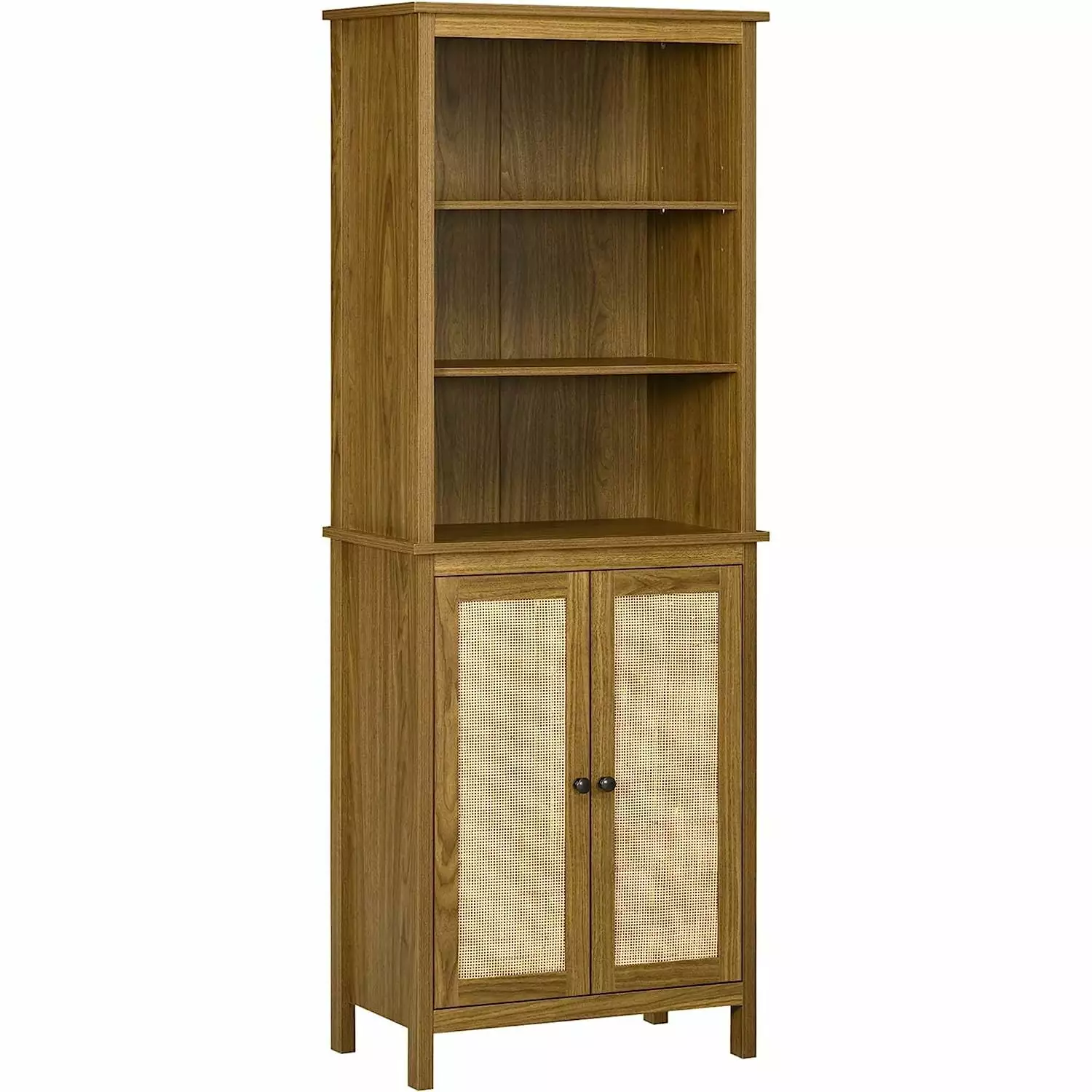 HElectQRIN Rustic Bookshelf Cabinet & Rattan Walnut Finish Living Room
