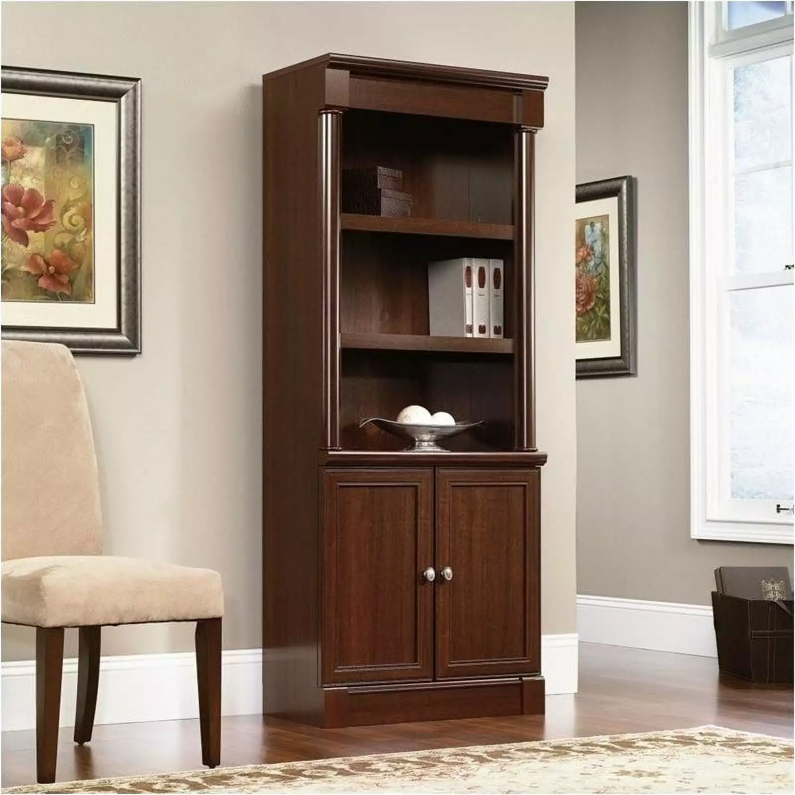 Pemberly Row Library Bookcase Doors Select Cherry Wood Finish