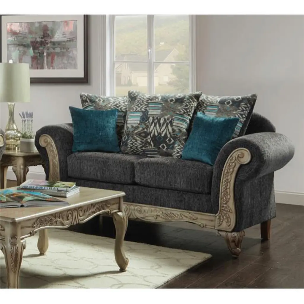 Camila Ornate Carved Wood Loveseat Sofa Gray KD Gabinete