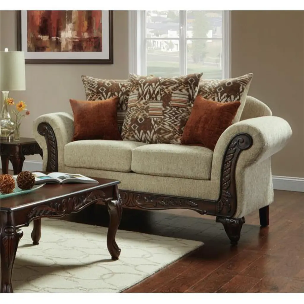 Neo Living NL630-BEIG-15-LOVE Cecilia Ornate Carved Wood Loveseat Sofa Beige