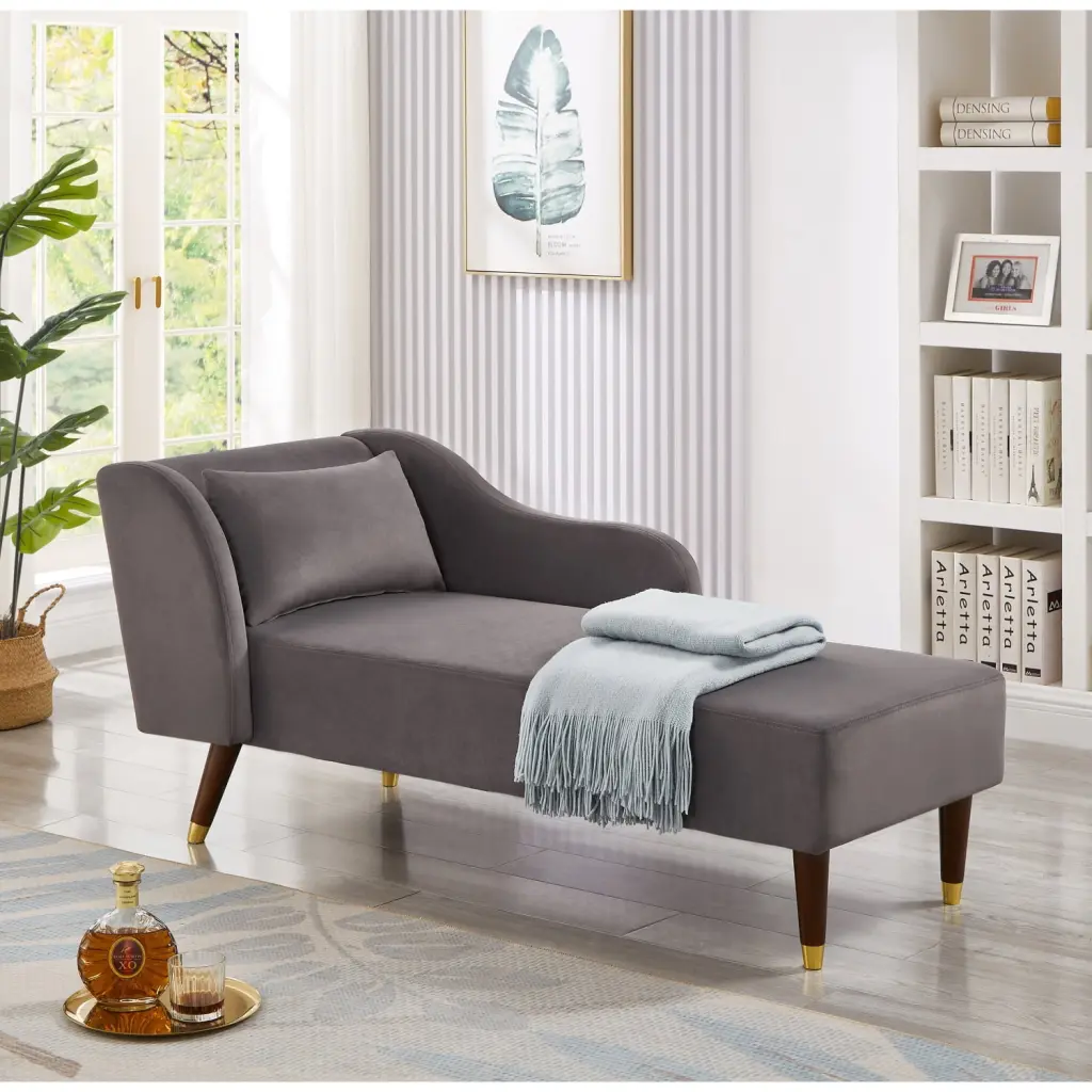 Modern Chaise Lounge Chair Velvet Upholstery Grey Exquisite and Luxurious Lounge Sofa Stable Structure and Solid Wood Legs...