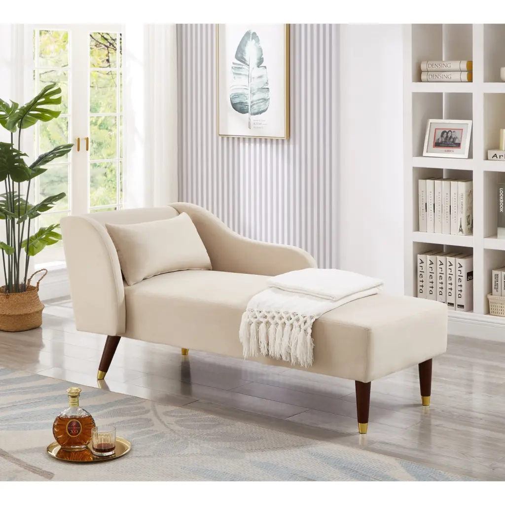 Modern Chaise Lounge Chair Velvet Upholstery Beige Exquisite and Luxurious Lounge Sofa Stable Structure and Solid Wood Leg...