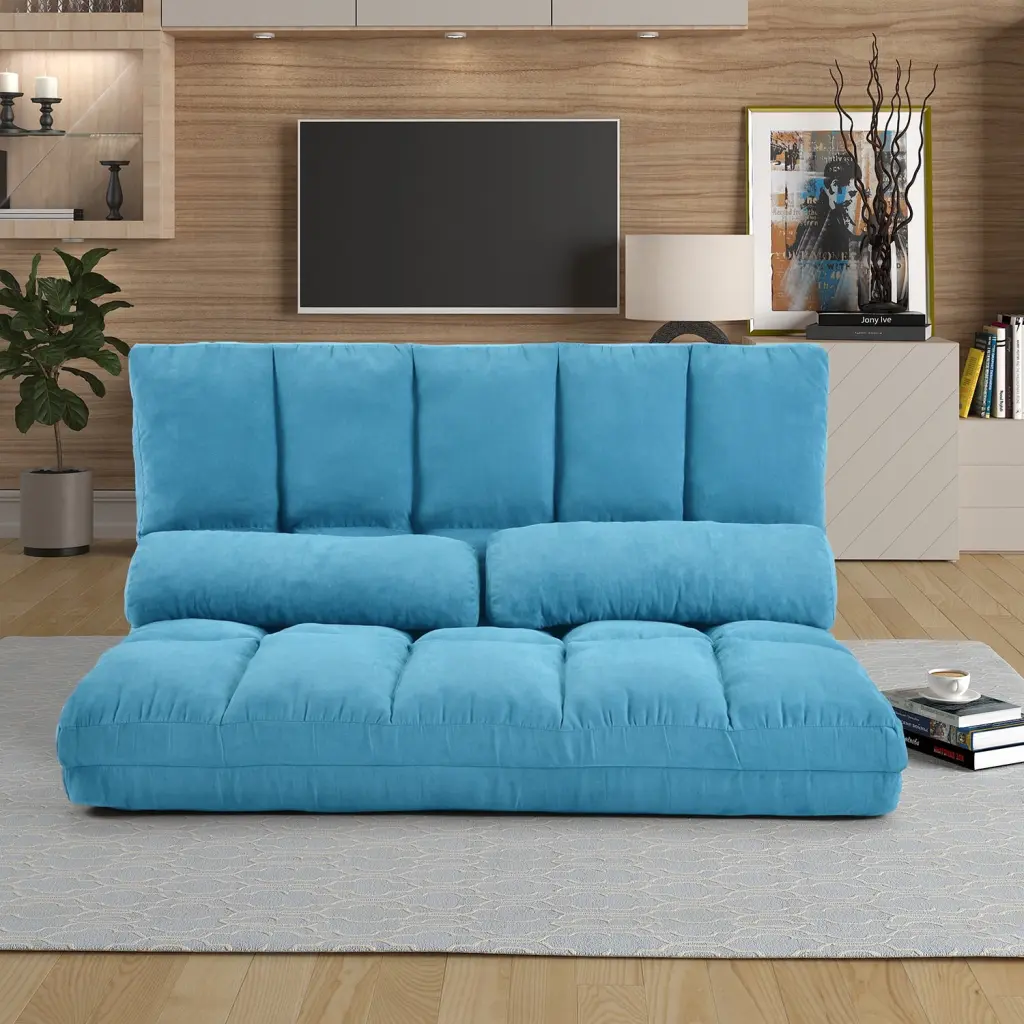 Double Chaise Lounge Sofa Chair Floor Couch Two Pillows Adjustable Sleeper Bed Blue JINS & VICO