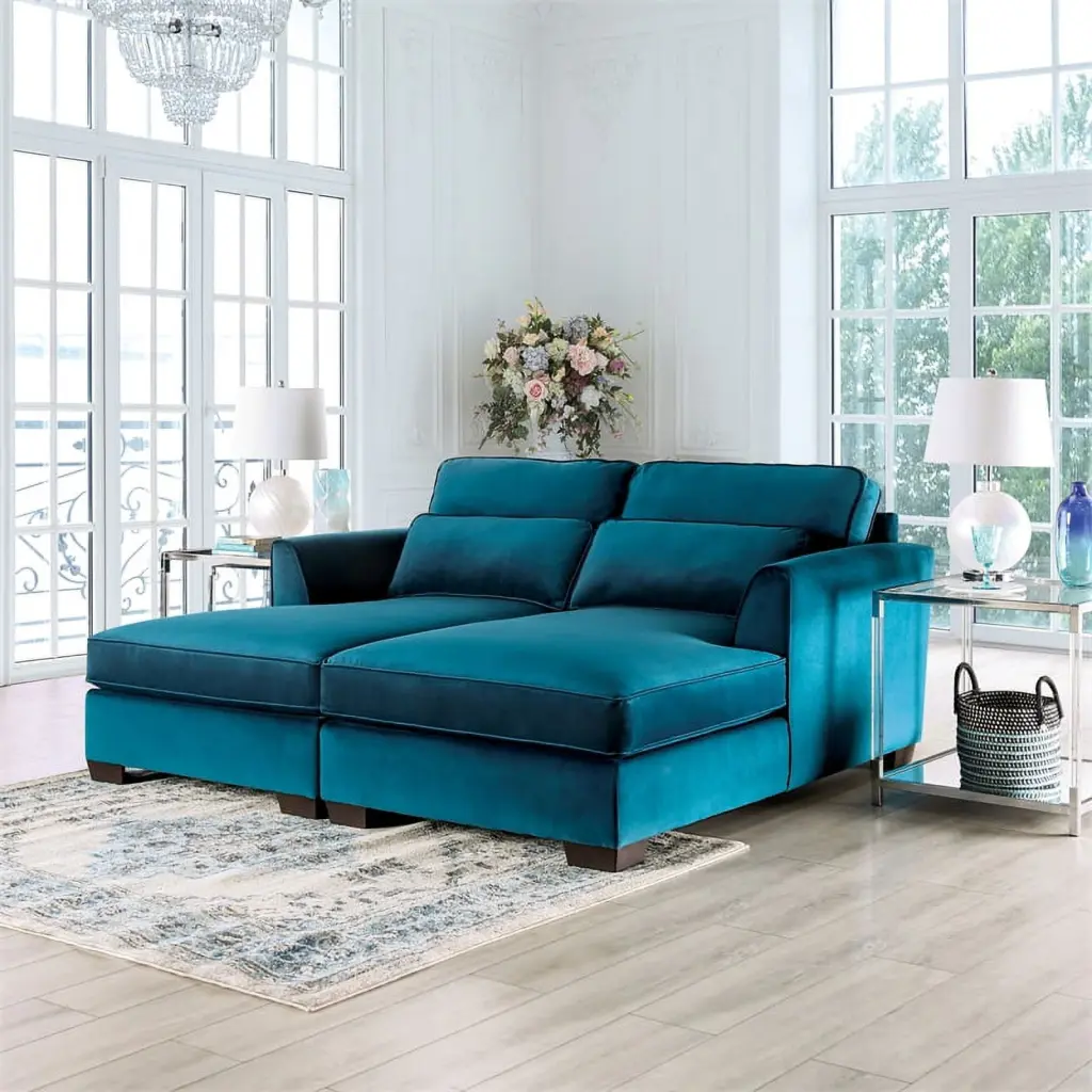 Bowery Hill Fabric Upholstered Teal Sectional Sofa Double Chaise Living Room