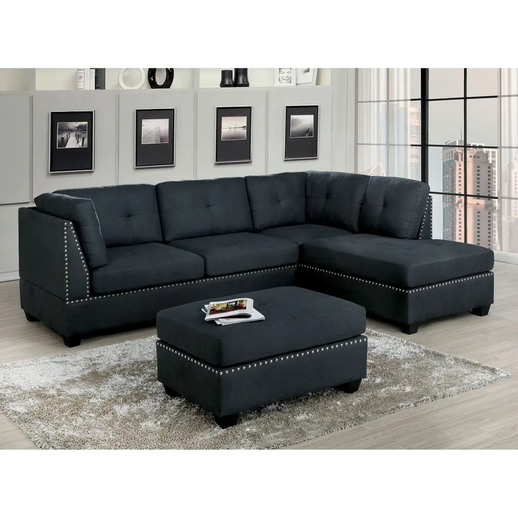 2-Piece Chaise Sectional Sofa Set Dark Gray Linen Like Fabric Box Cushions Esofastore
