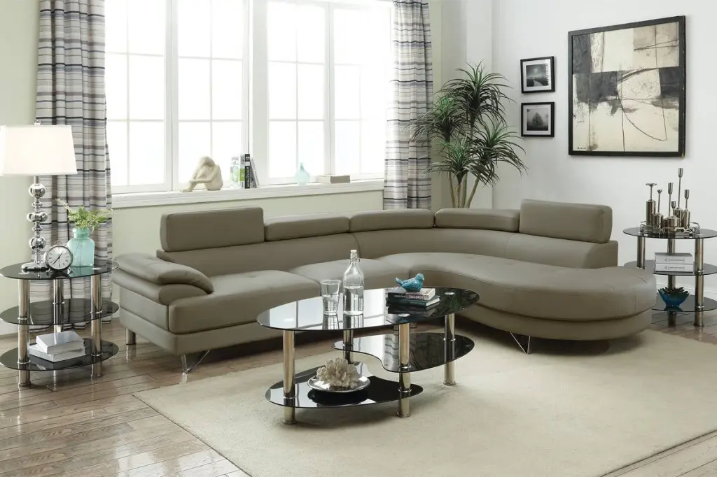 Bobkona 2pcs Sectional Sofa Light Grey Faux Leather Chaise Tufted Seat and Flip up Headrest Esofastore