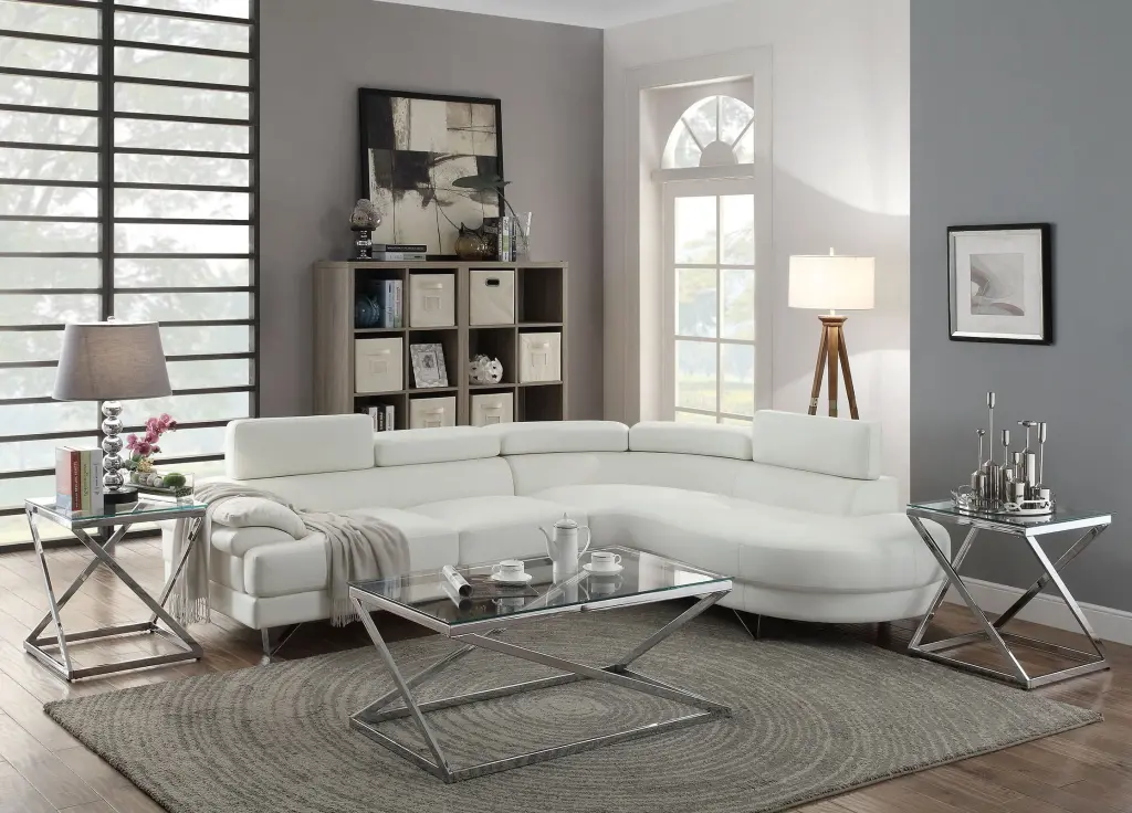 Bobkona 2pcs Sectional Sofa White Faux Leather Chaise Tufted Seat and Flip up Headrest Esofastore