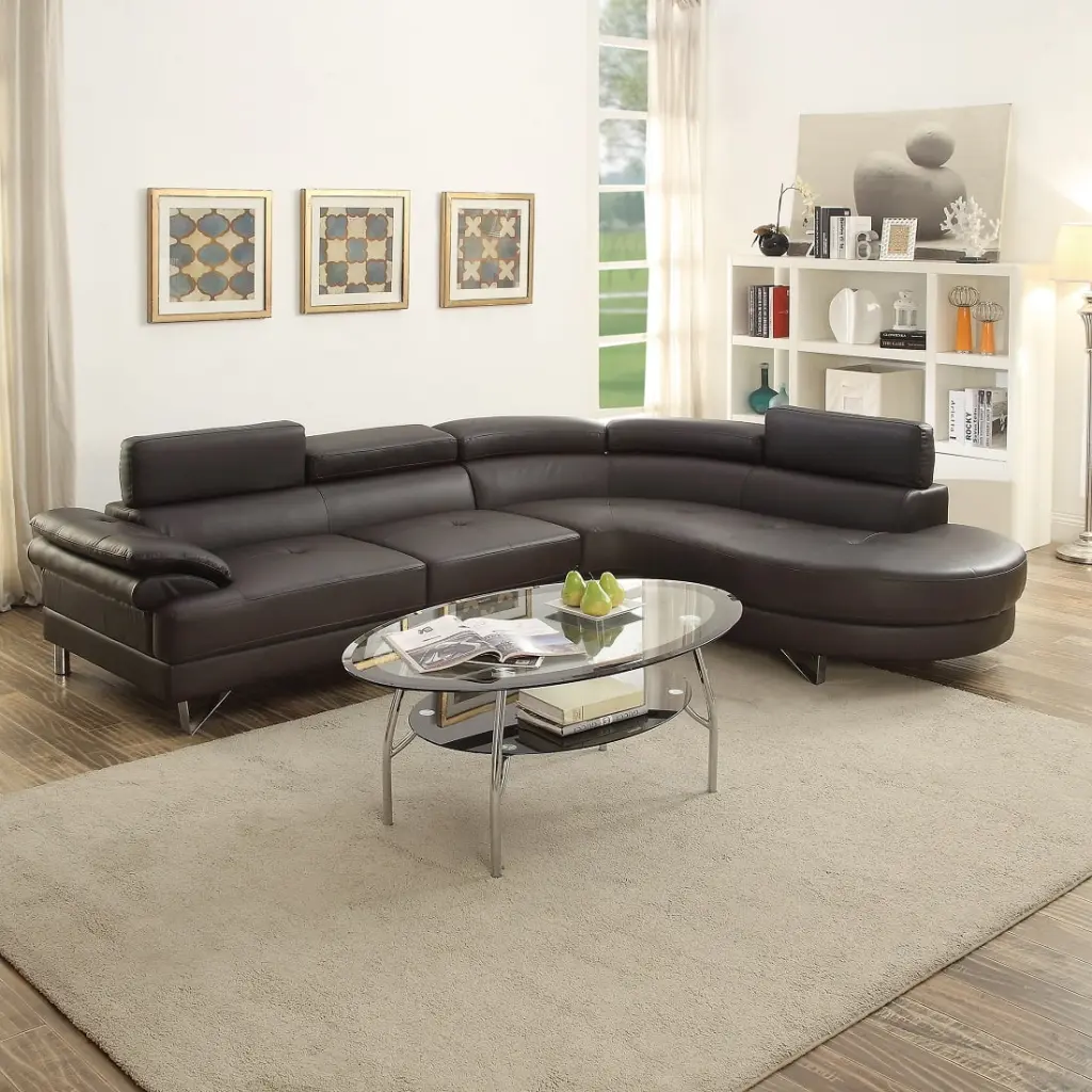 Contemporary 2pcs Sectional Sofa Chaise Espresso Faux Leather Chrome Legs Flip up Headrest Living Room Couch Esofastore