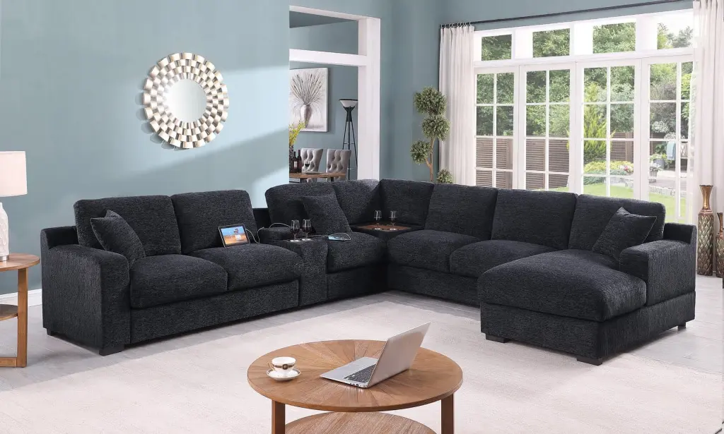 Celine Dark Gray Chenille Fabric Sectional Chaise and Cupholders Lilola Home