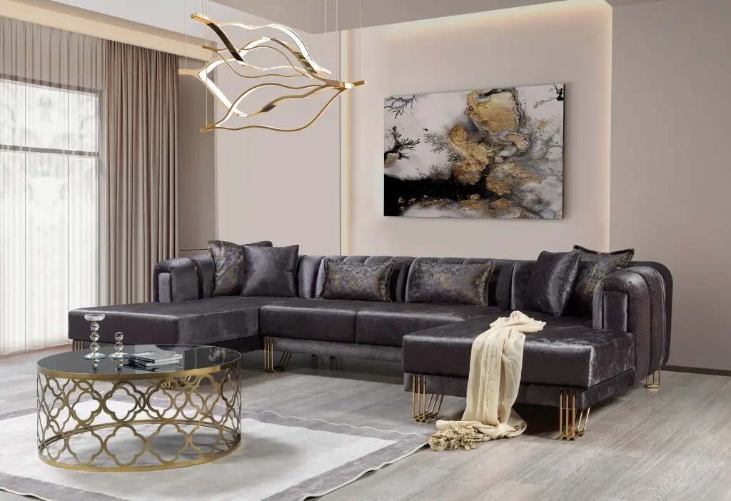 Santana Smoke Velvet Double Chaise Sectional - Modern Velvet Upholstered Sofa Luna Furniture Dallas