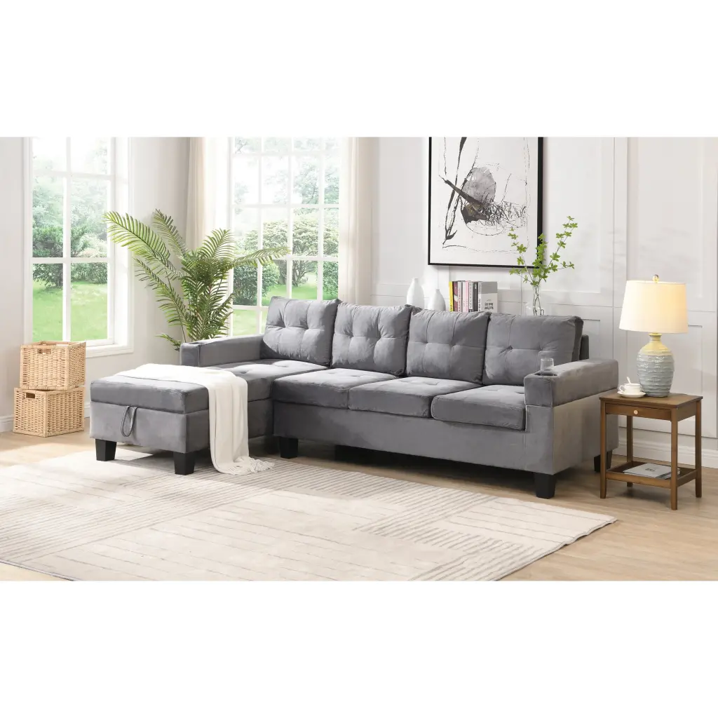 Sectional Sofa Set L-Shape Chaise Lounge Cup Holder Left Hand Storage Grey Miekor
