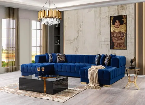 Ariana Blue Velvet Double Chaise Sectional Sofa Modern Living Room Set Streamlight