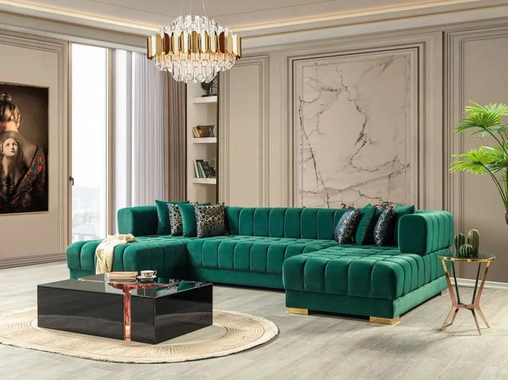Ariana Green Velvet Double Chaise Sectional Sofa Contemporary Lounge Set Streamlight