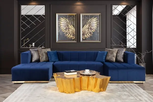 Elisha Navy Blue Velvet Double Chaise Sectional Sofa Modern Living Room Furniture Streamlight