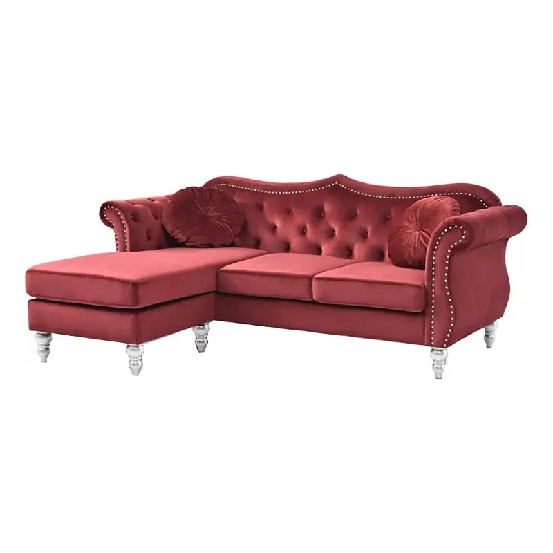 Pemberly Row Transitional Tufted Velvet Sofa Chaise Burgundy Red