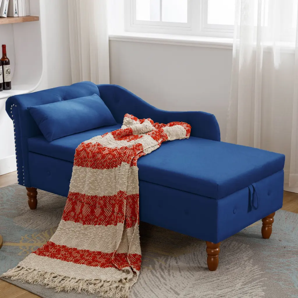 Navy Blue Velvet Chaise Lounge Indoor Storage and Pillow Modern Upholstered Rolled Arm Chase Lounge Living Room Bedroom Of...
