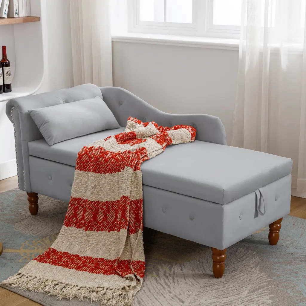 Grey Velvet Chaise Lounge Indoor Storage and Pillow Modern Upholstered Rolled Arm Chase Lounge Living Room Bedroom Office ...