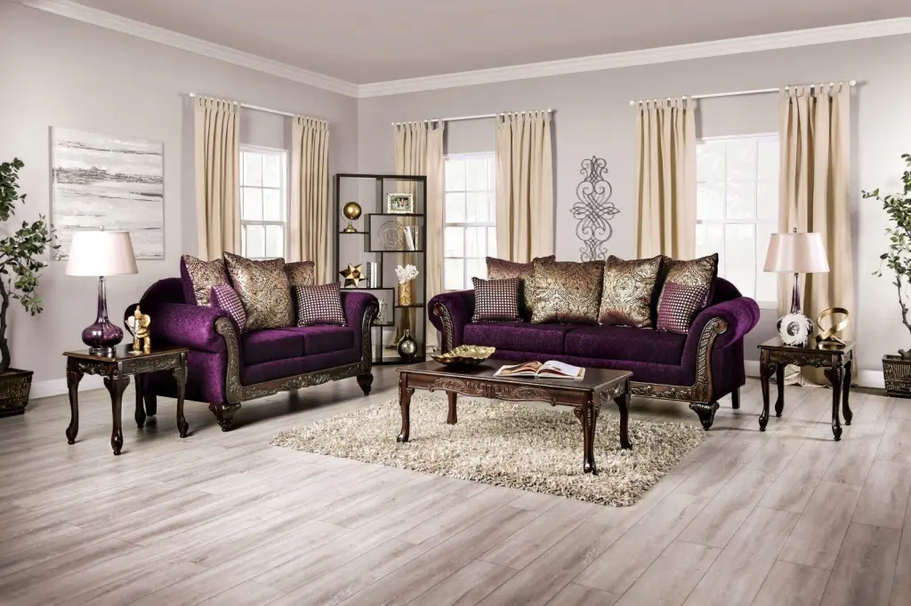 Traditional Purple Chenille Sofa and Loveseat FOA Casilda Living Room Furniture of America